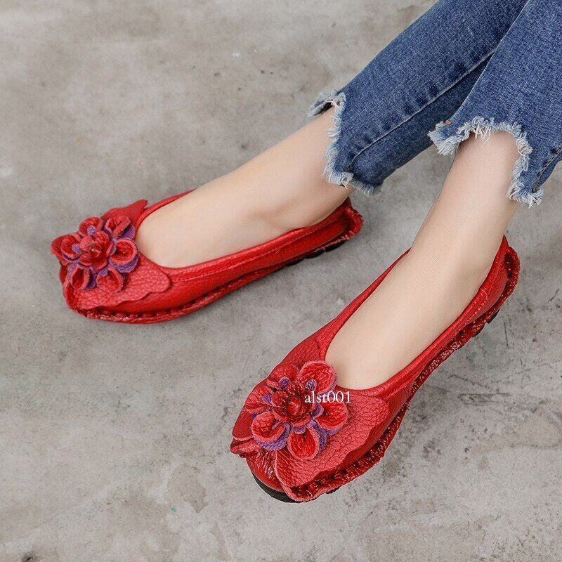 Leather Flat Shoes Women Flats with Flowers Ladies Soft Shoes Loafers Slip On