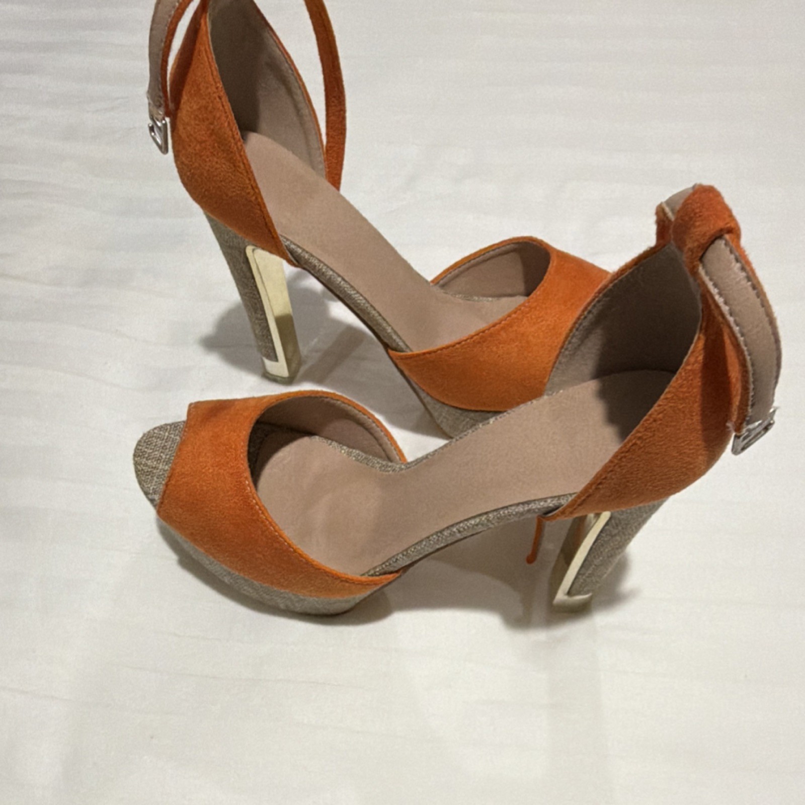 Orange Beige Gold Suede Platform Block Heel Peep Toe Ankle Strap Women’s Shoes