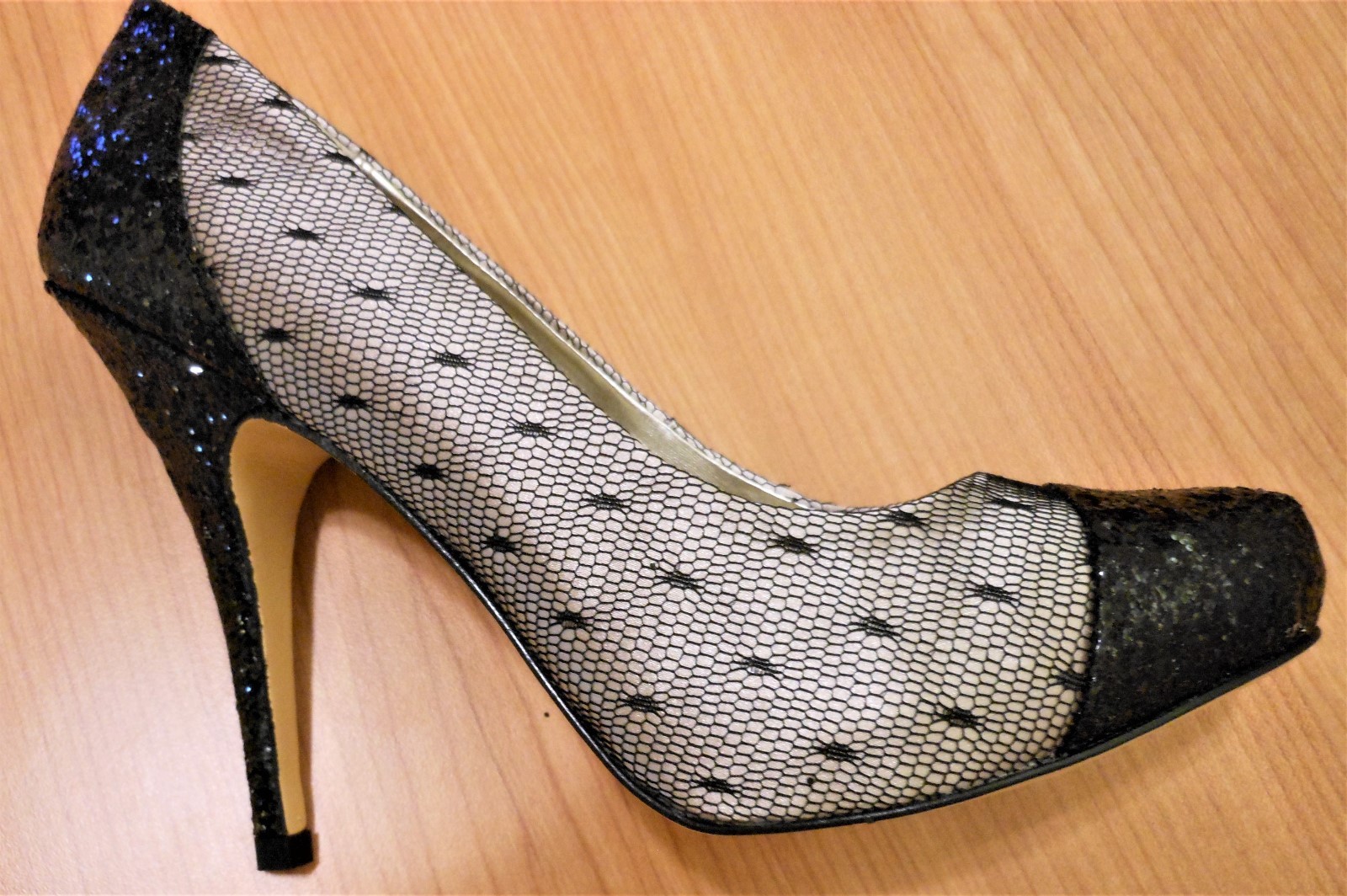 Lulu Townsend ‘Vivian’ Fishnet & Sparkle Stiletto Heel Toe Hidden Platform 7.5