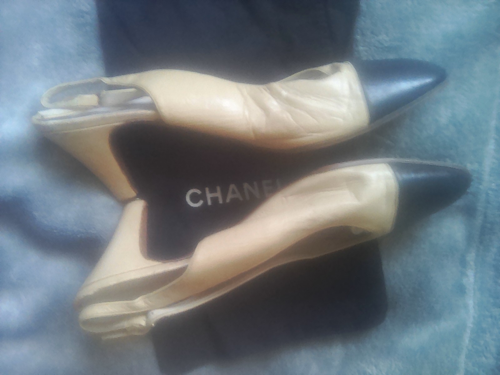 Authentic Chanel Tan & Navy Slingback Shoes Make Your Best Reasonable Offers