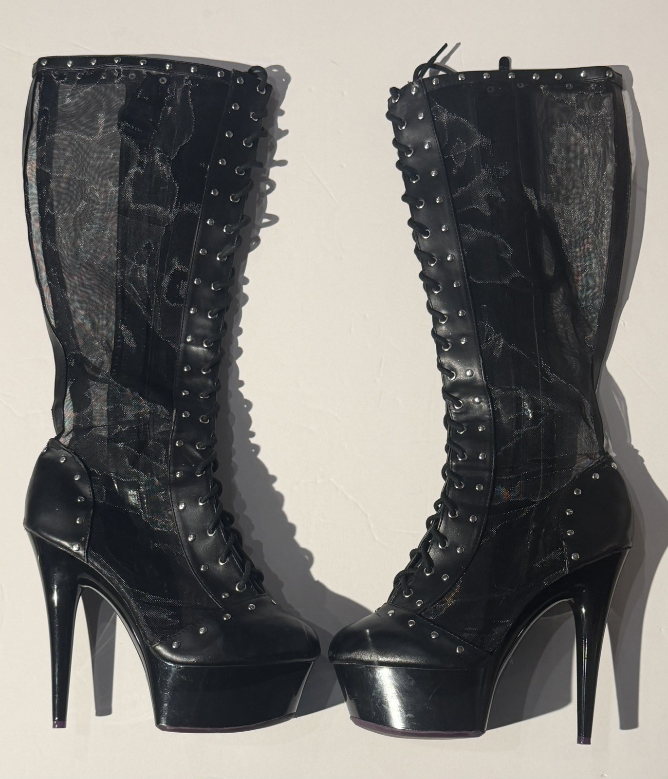Ellie Black Mesh-Faux Lace Up Knee High Platform Heel Boots Size 10 Side Zipper