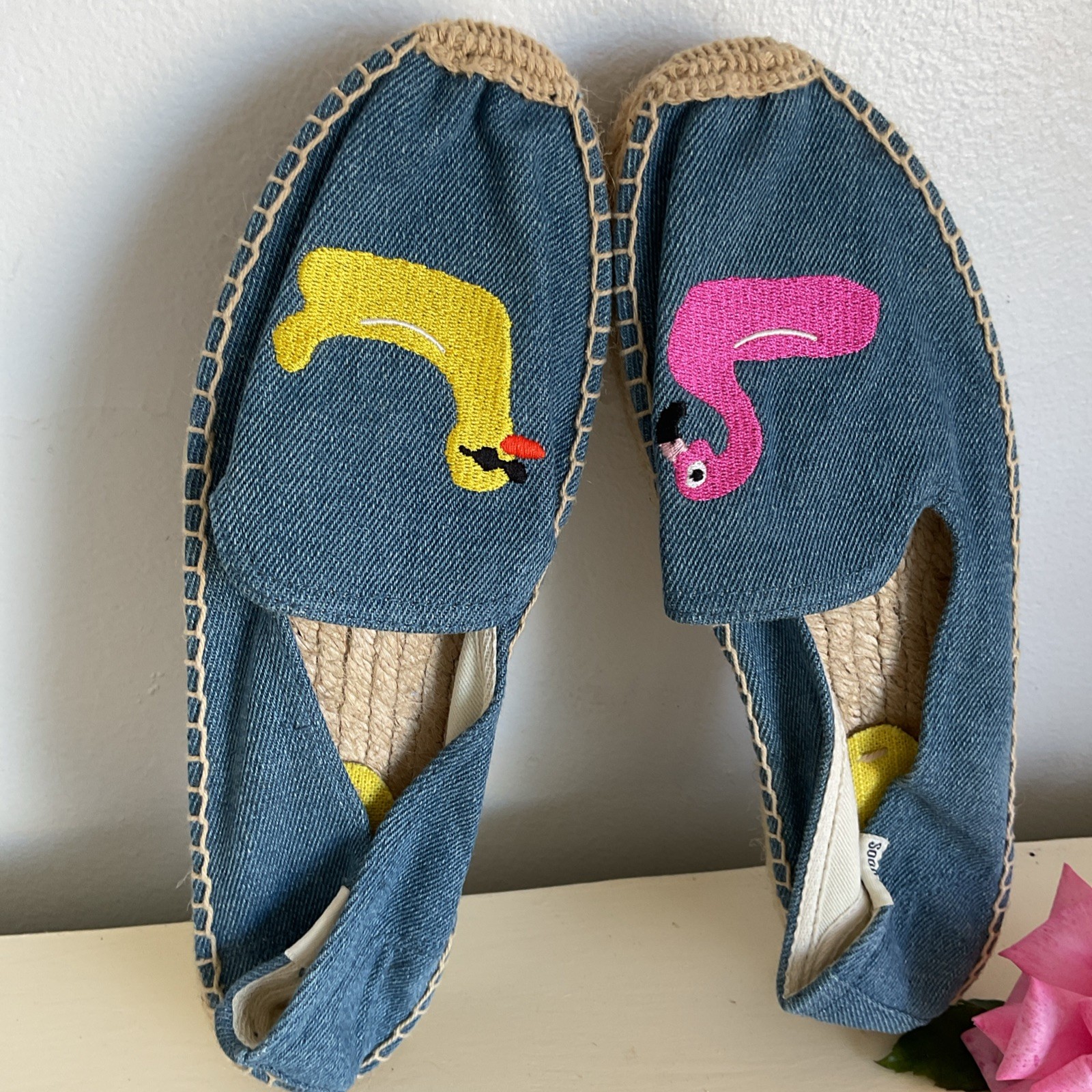 Soludos Espadrilles Embroidered Flamingo Duck Loafer Women Size 8 Blue Denim New