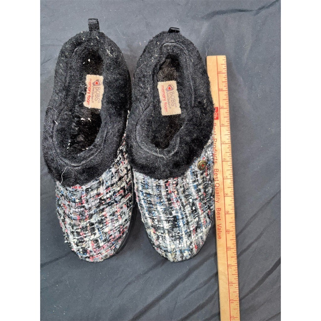 Skechers BOBS Slippers Womens Slip-On Clog Black Tweed Memory Foam Fur M/L cozy