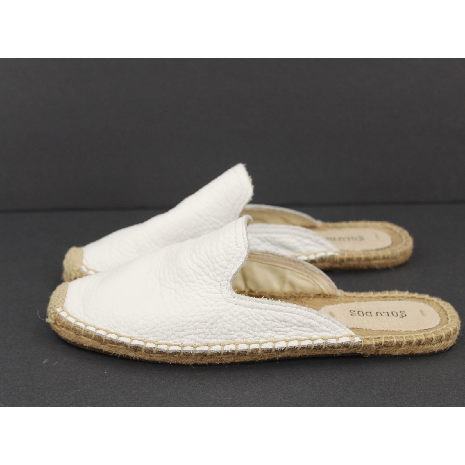 Soludos Pebbled Leather Espadrille Mules Size 8.5 White Slides