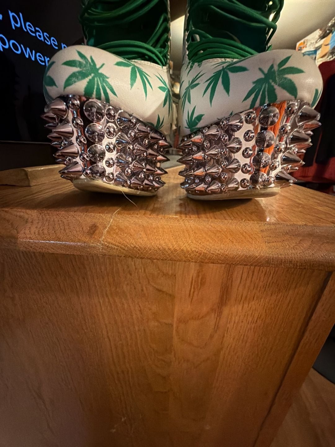 Kush Kouture Stiletto Platform Heels with Green Leaf Print and Spikes