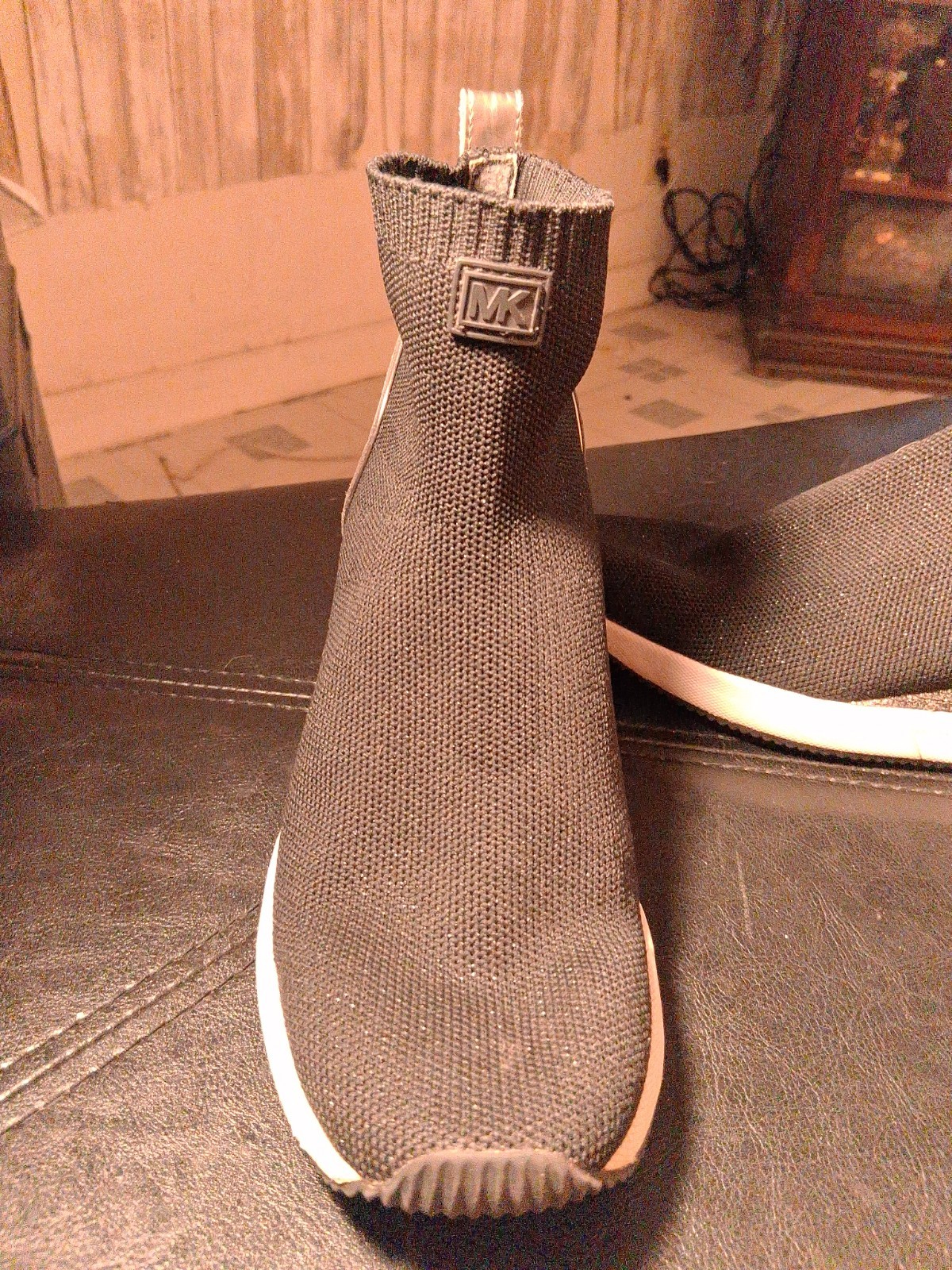 Michael Kors Skyler Black Knit Sock Wedge Ankle Boots Logo Accent Women’s 6