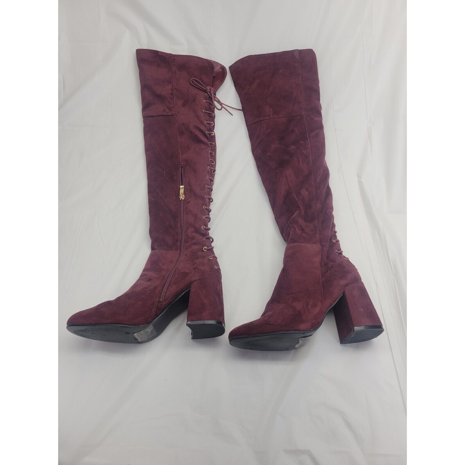Indulge Size 7 Suede High Heel Over The Knee Boots Lace Up Zip Burgundy Maroon