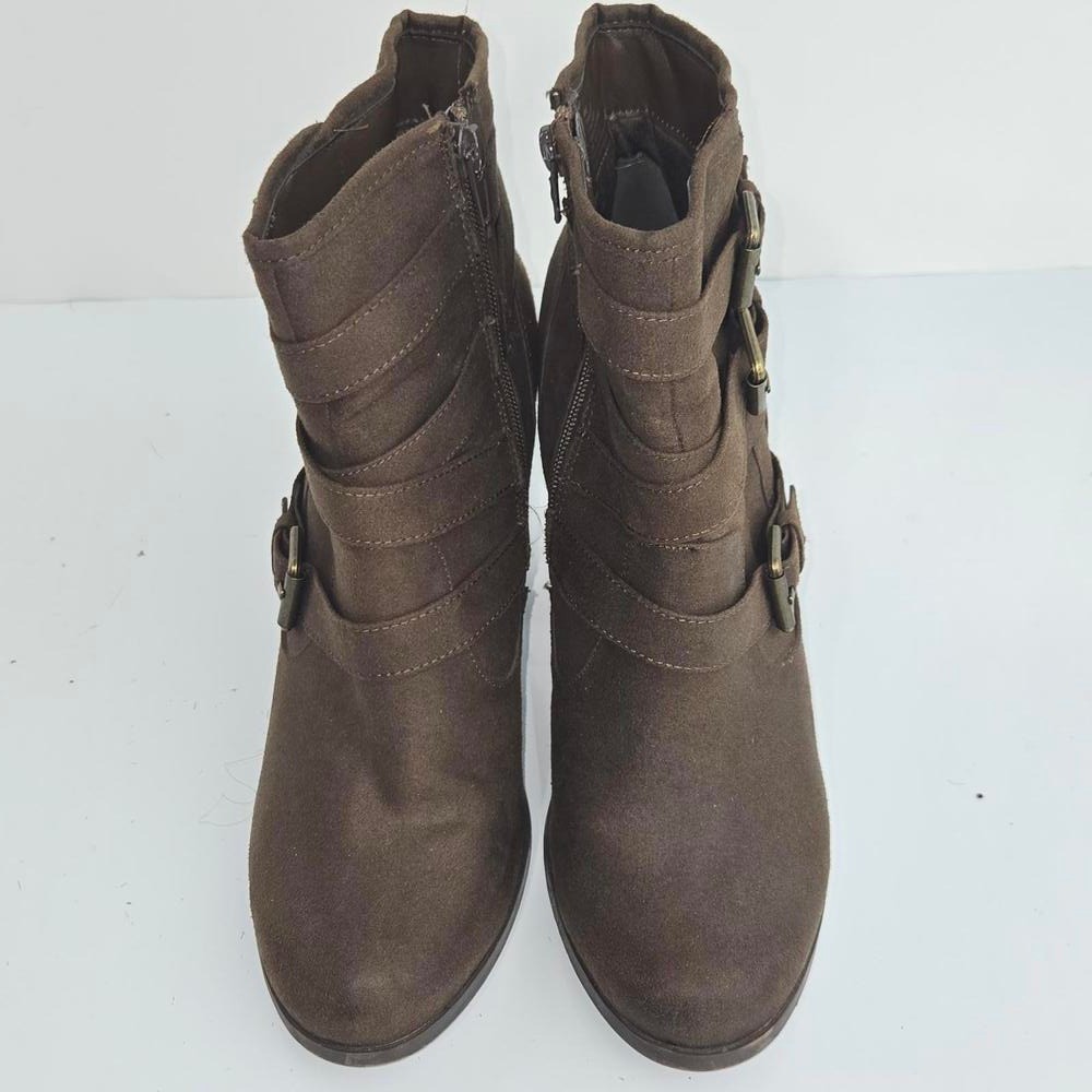 PRICE DROP JustFab Binnae High Heeled Bootie Brown Suede Multi-Straps Sz 10