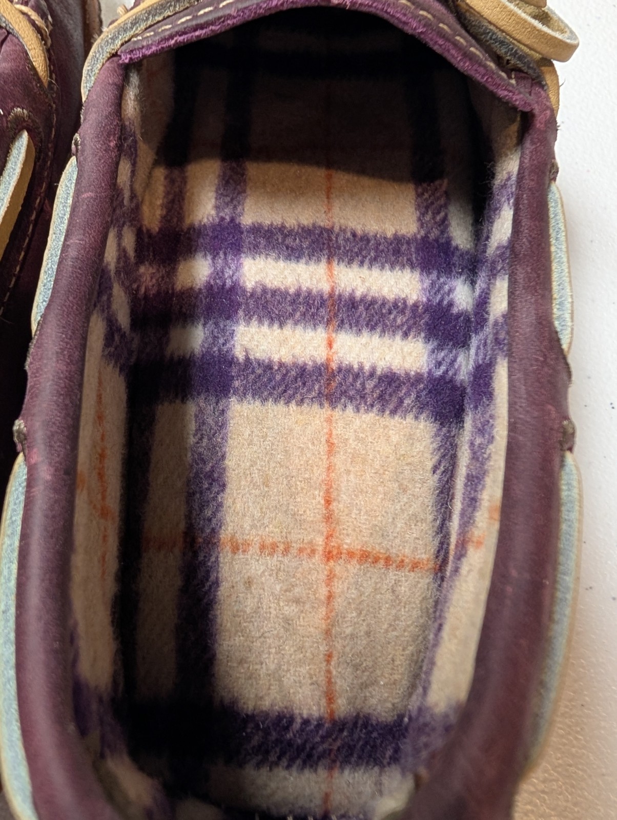 Sz 6M L.L.Bean Hand-Sewn Purple Leather Slippers, Flannel Lined #301104
