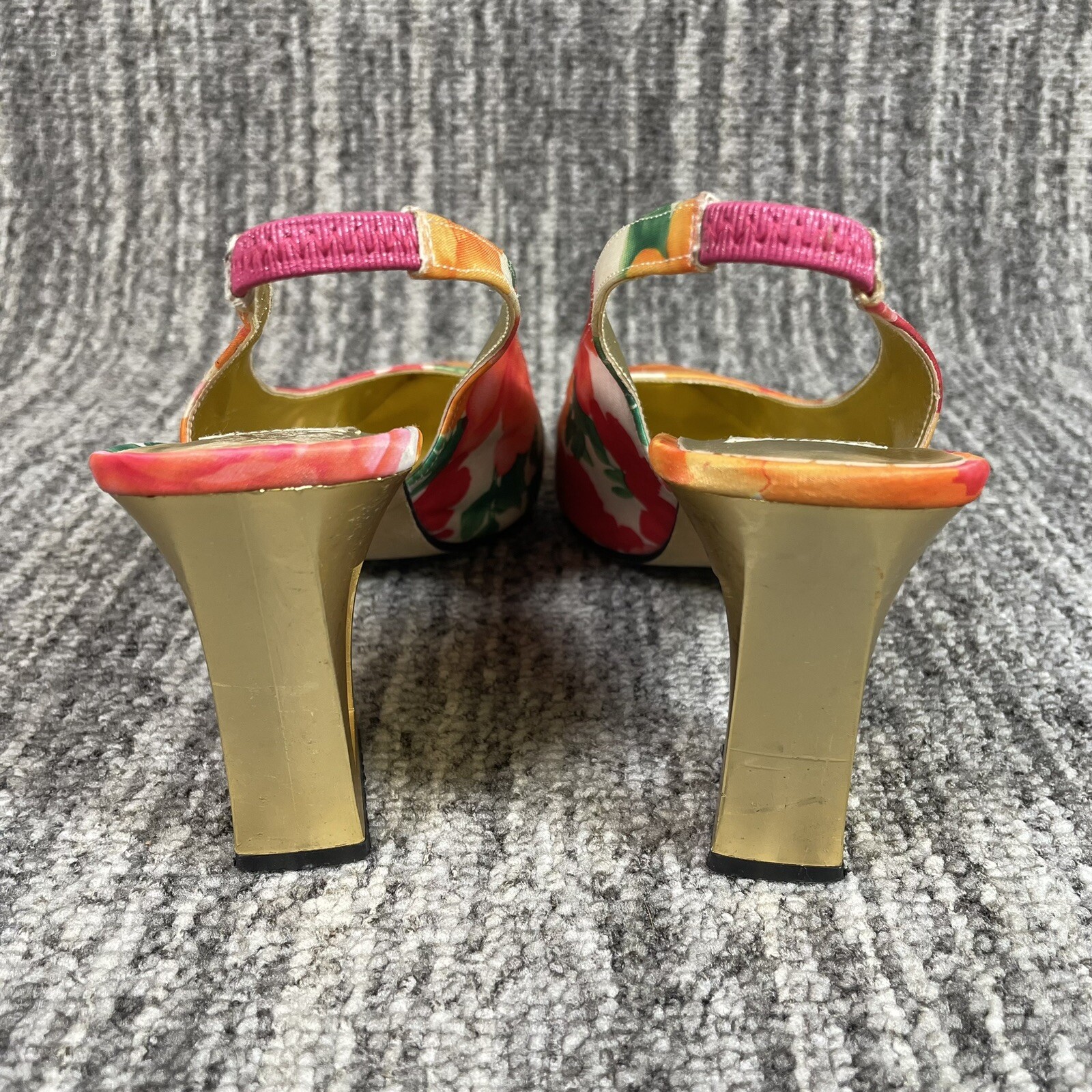 RED by Ramon Tenza Sz 7.5 M Leather Sole Multicolor Flowers Gold 2″ heel