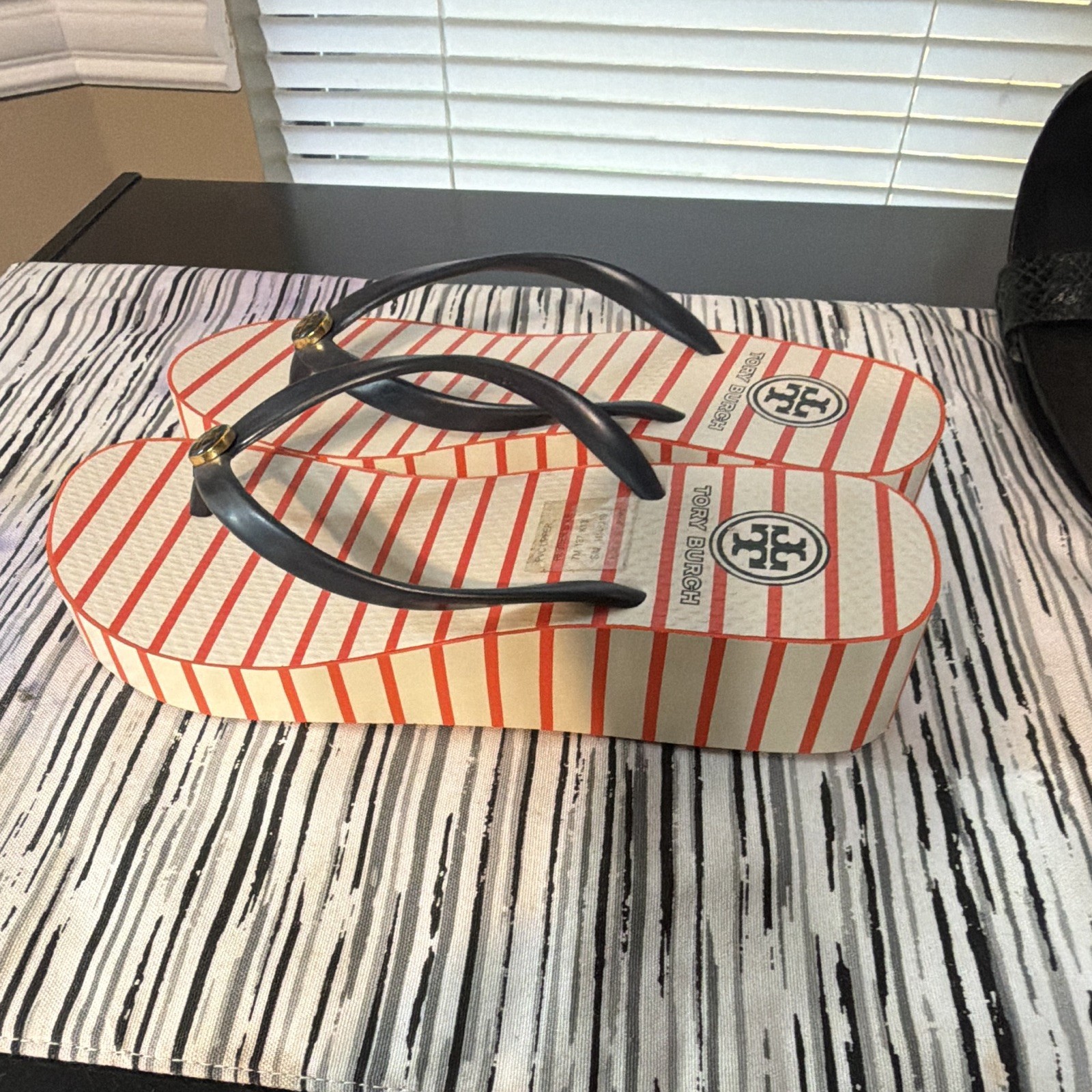 Tory Burch Women’s Striped Logo Wedge Slip-On Sandals White/Orange US 7