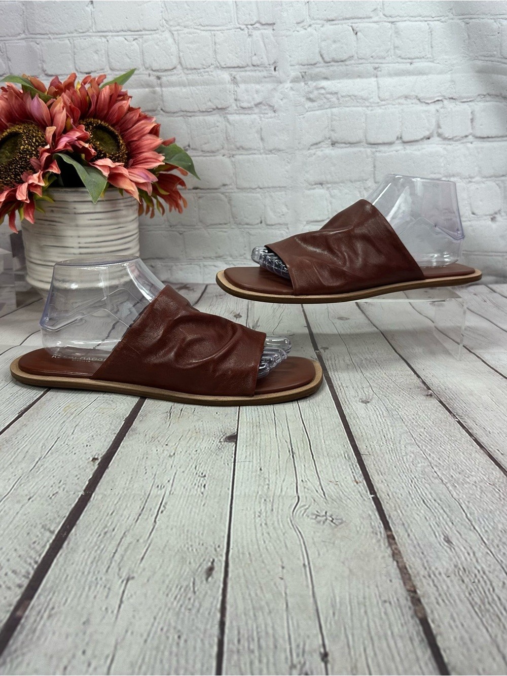 Kelsi Dagger brooklyn Brown Leather Slide Sandals women 8.5 minimalist neutral
