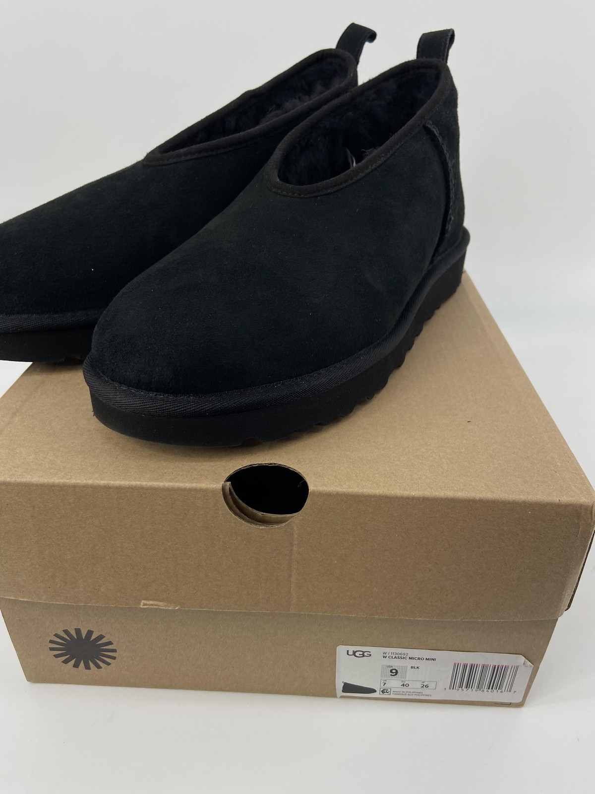 UGG Boots Womens 9 Black Micro Mini Suede Shearling Cozy Shoes Slipper