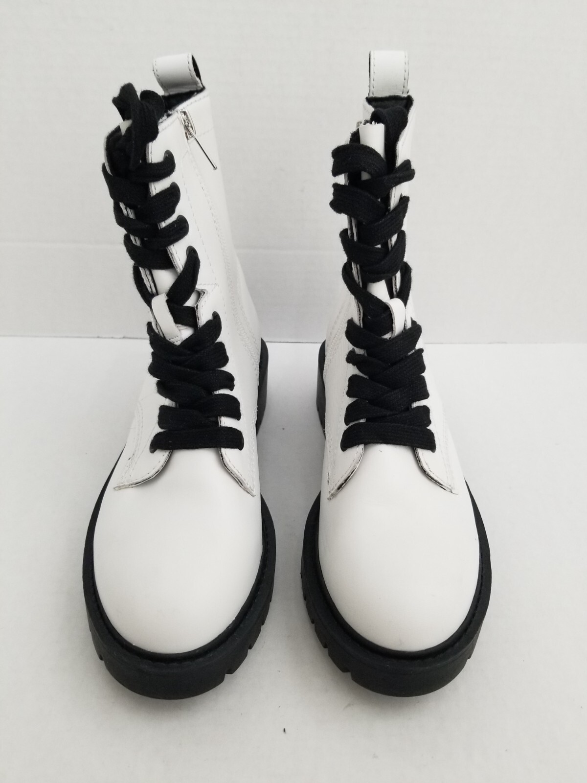 STEVE MADDEN White Leather Checker Combat Boots Black Lace-Up Zip Lug Sole 5 M