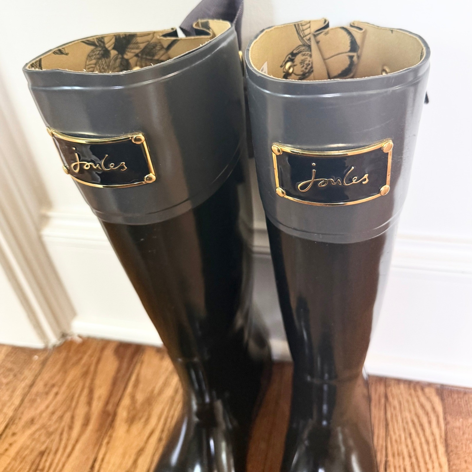 Joules Evedon Rain Boots Womens 8 Black Bow Back Waterproof Tall