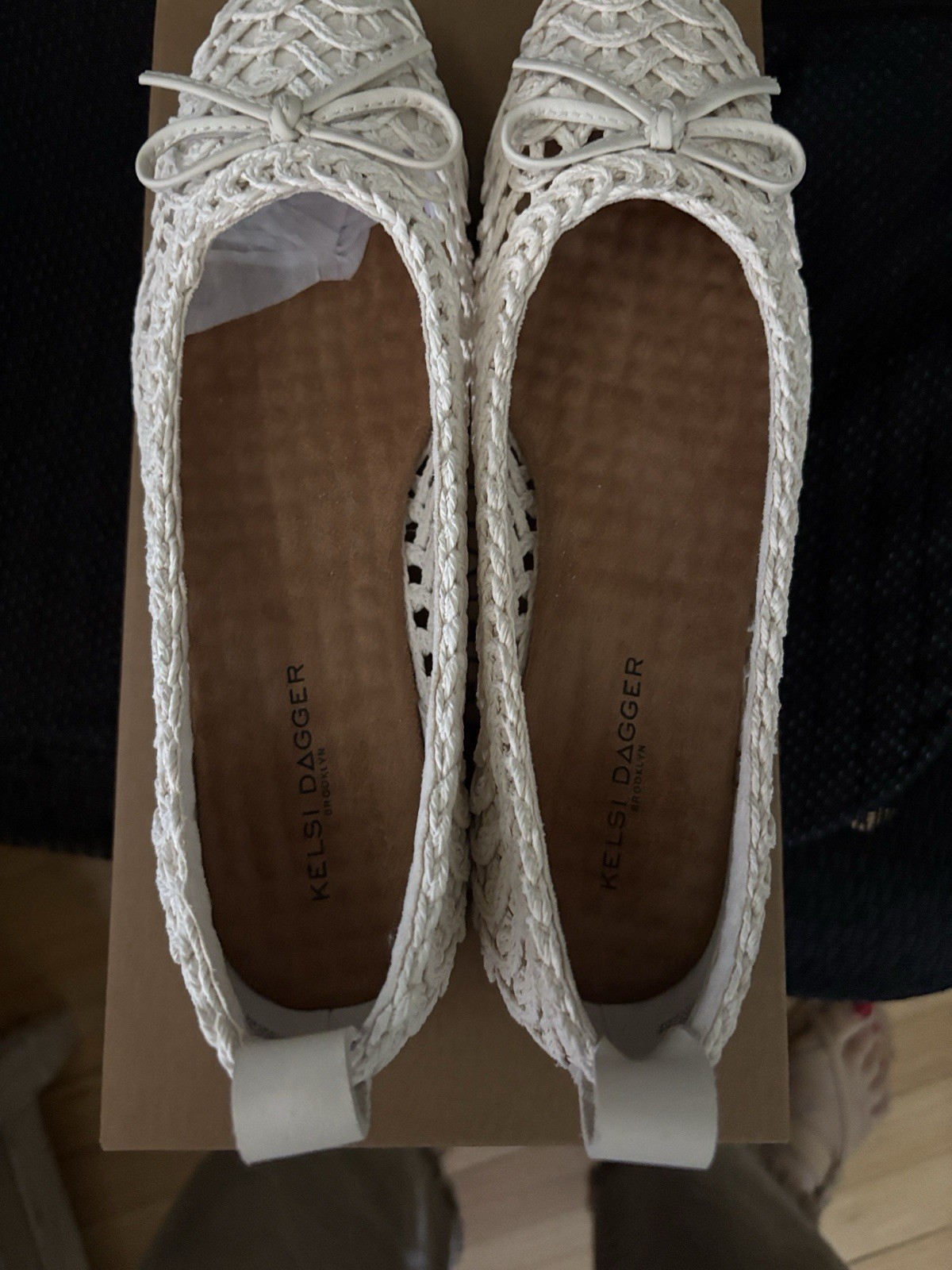 Kelsi Dagger Brooklyn White Crochet Cotton Bow Slip-On Ballet Flats 7.5 M