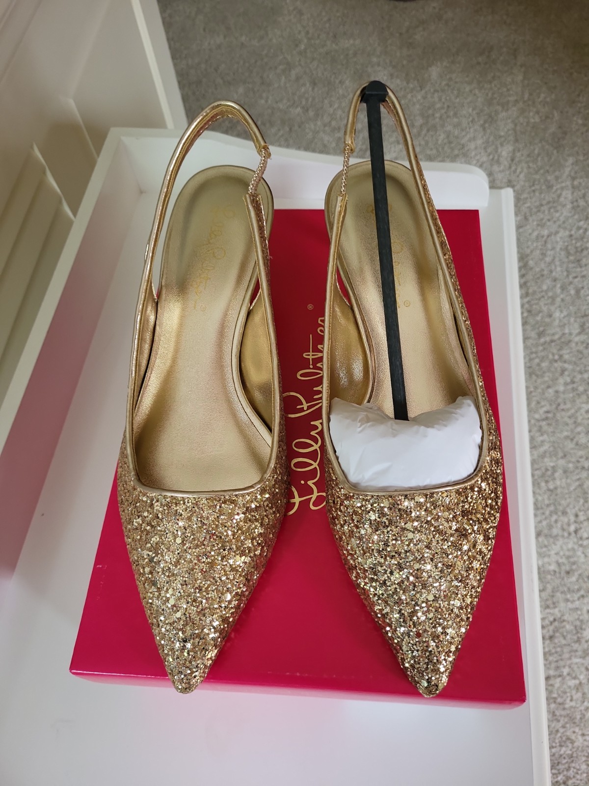 Lilly  Pulitzer Shaina GOLD GLITTER METALLIC Slingback KITTEN HEELS 8.5 NIB