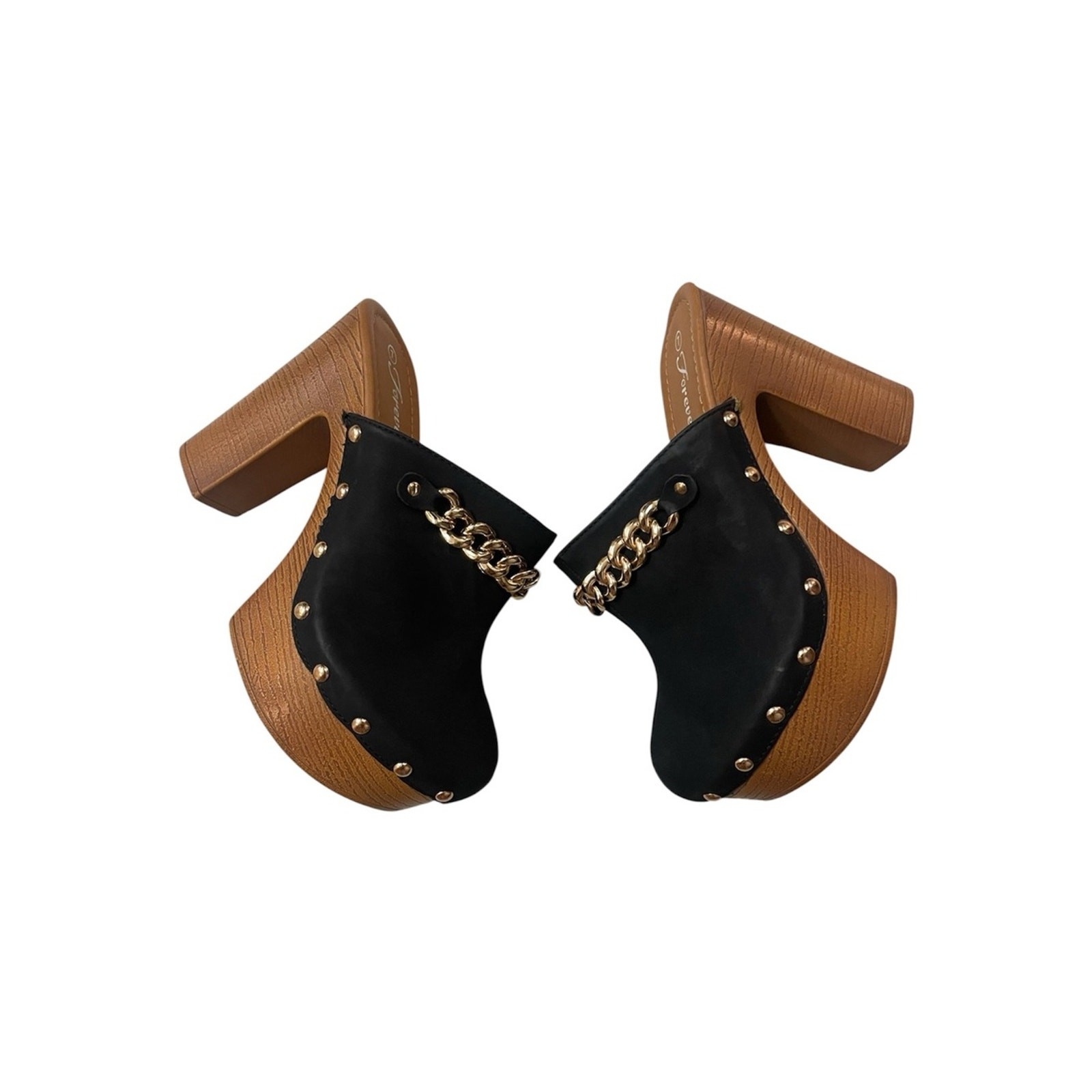 Forever Vintage style Black & Gold Chain Mules with Studded Accents