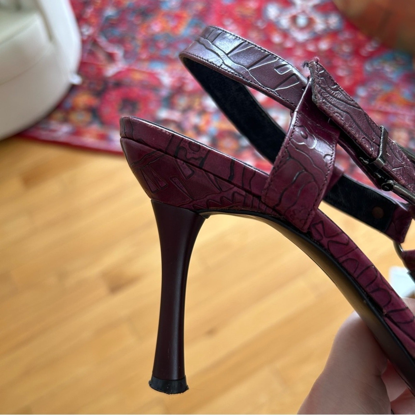 Via Spiga Plum Purple Hand Tooled Leather T-Strap Sandals