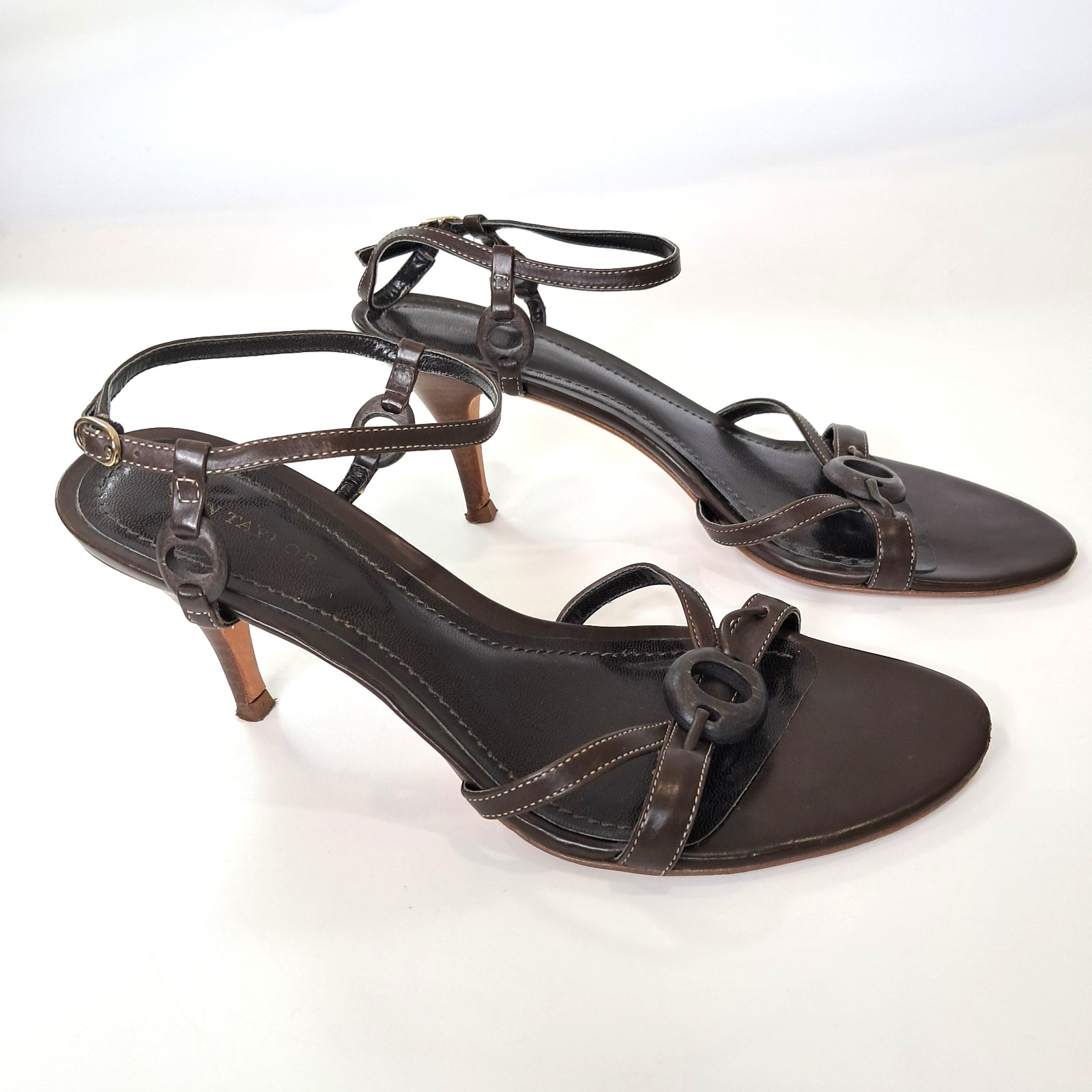Ann Taylor Women’s Shoes Sandle Ankle Strap Kitten Heels 7M Leather Brown Brazil