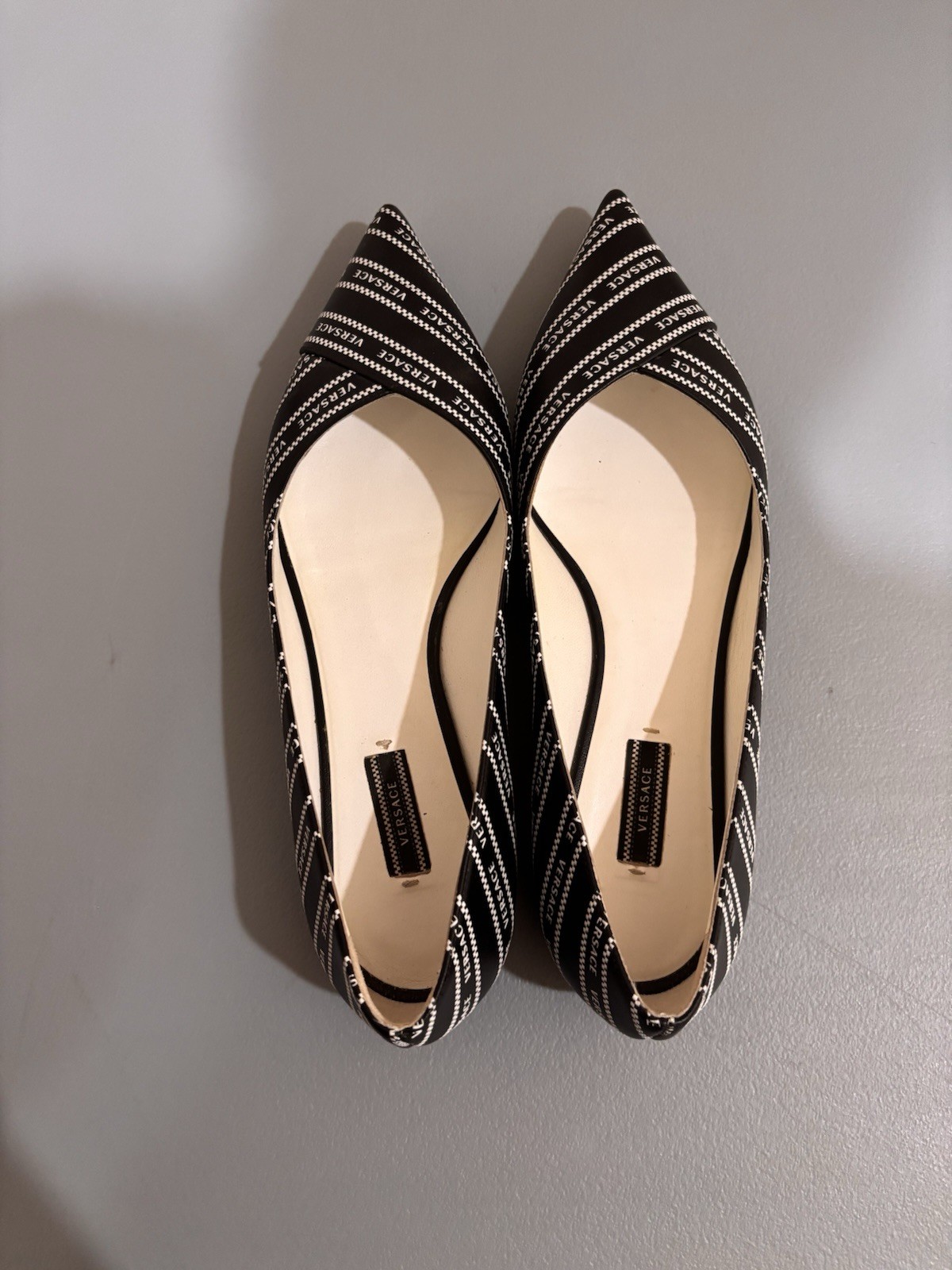 Versace Black/White Logo Striped Pointed Toe Slip-On Flats Women’s US 7.5