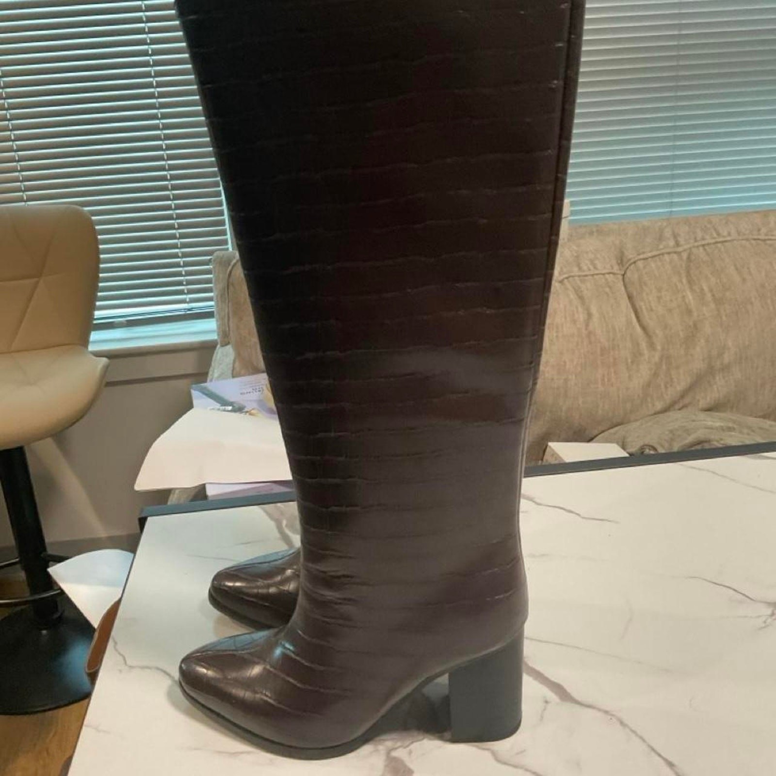 Brown crocodile textured knee high boots