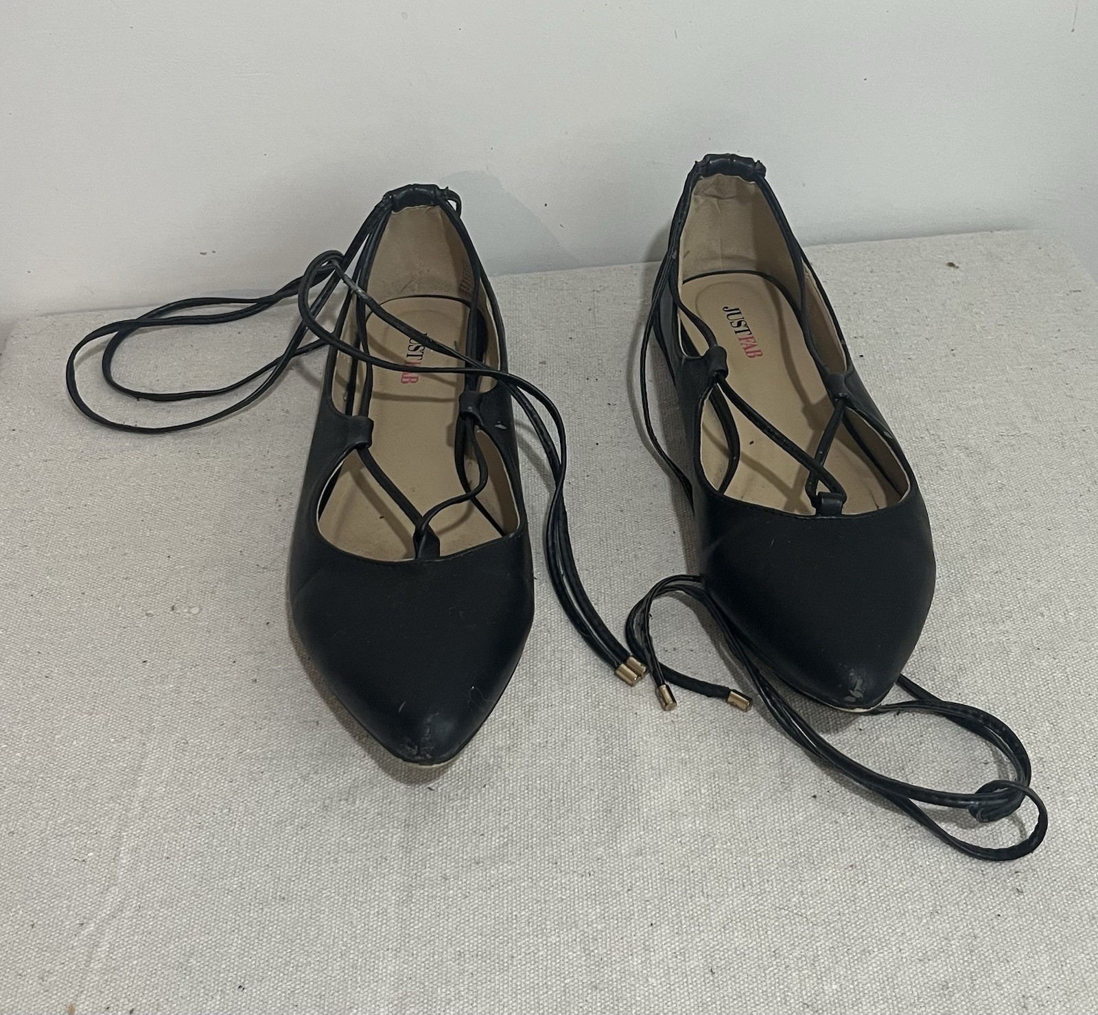 JustFab Black Pointed Toe Lace-Up Ballet Flats Women’s Shoes