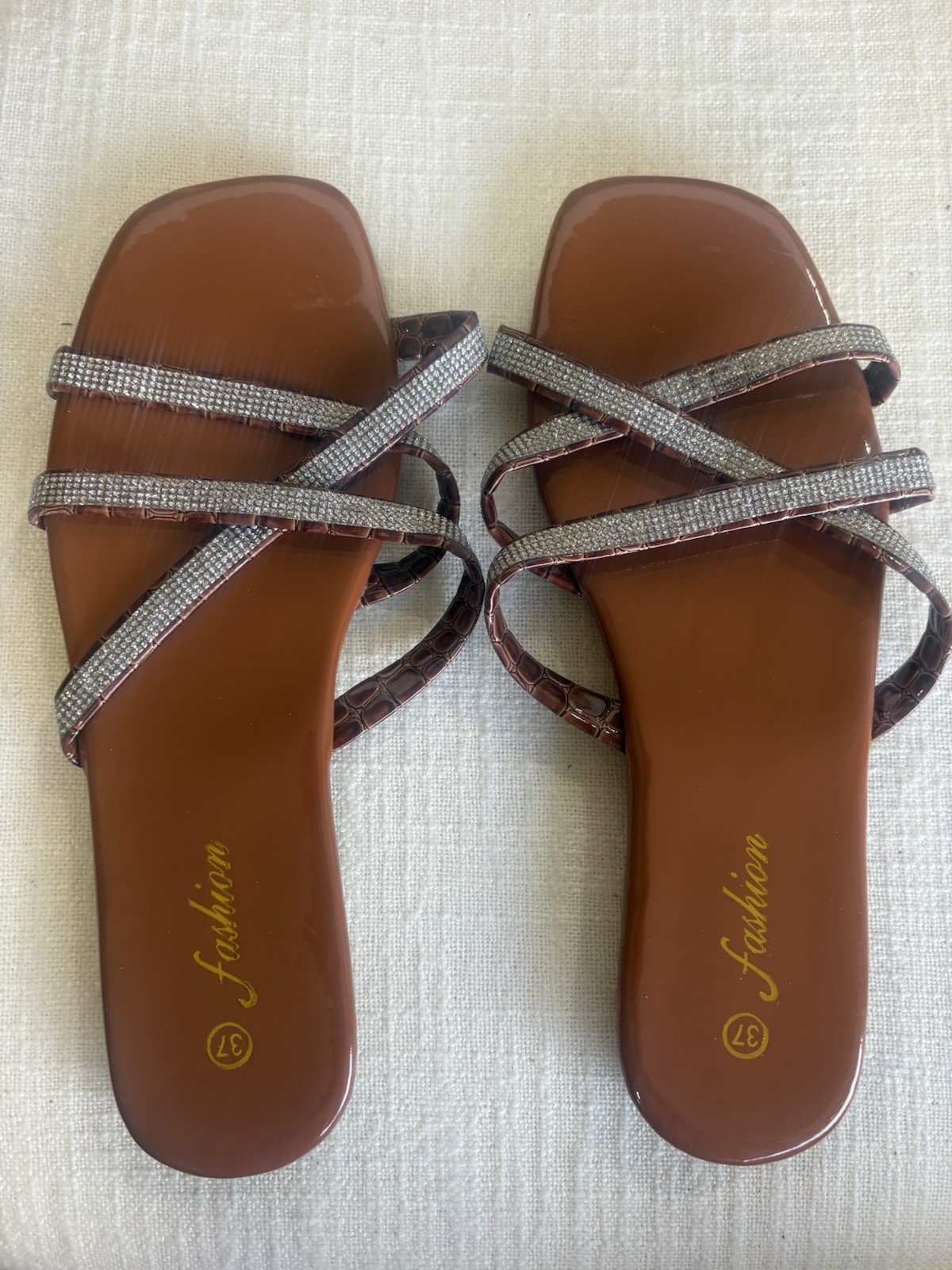 Women’s Brown Faux Silk Slide Sandals Rhinestone Strappy Animal Print Slip On 7