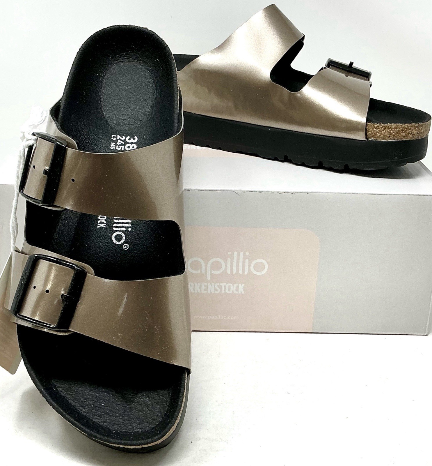 Birkenstock Papillio Arizona Platform Flex Women Sandals Metallic Taupe EU 38