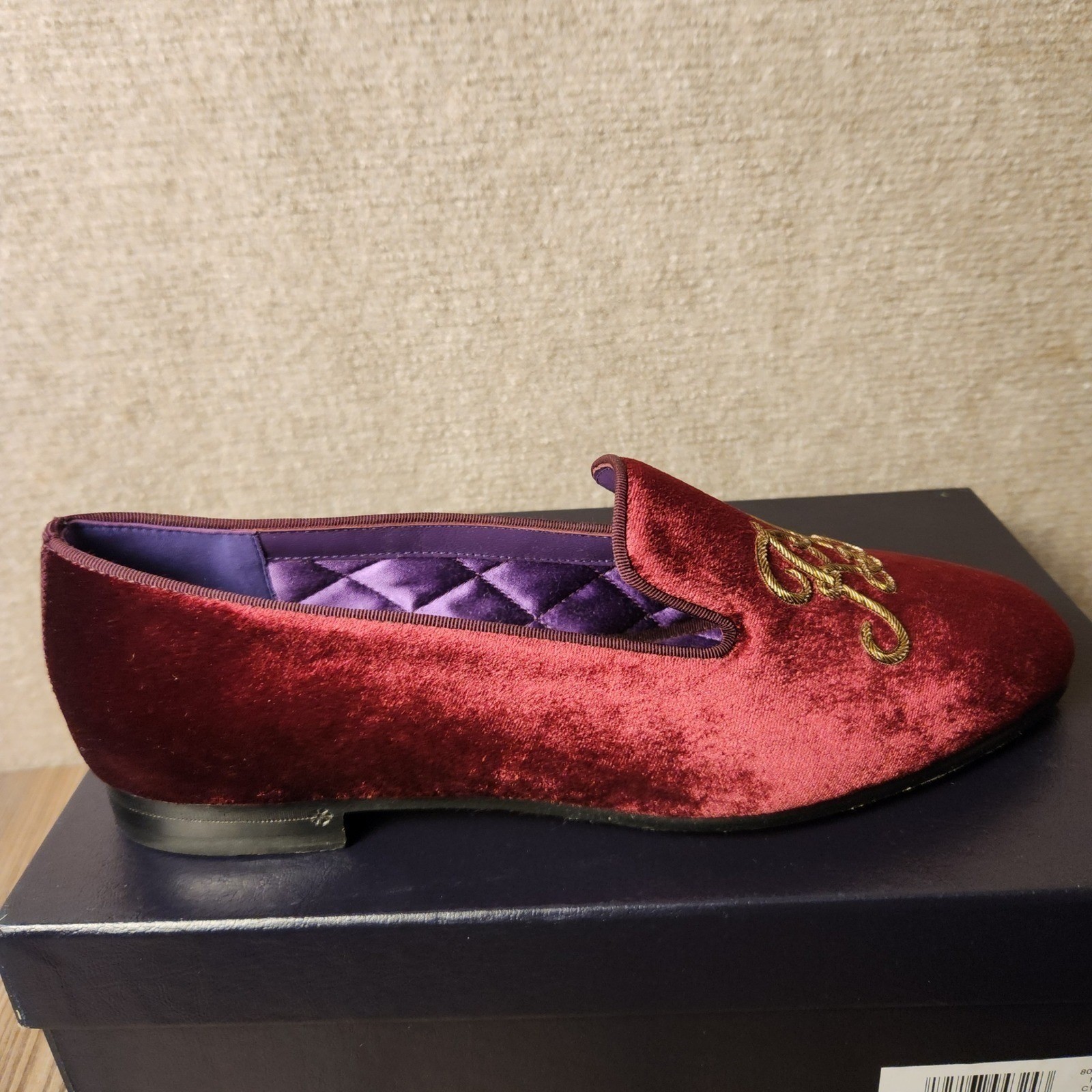 NEW Ralph Lauren Alonzo Velvet Loafers Crimson, Monogram Flats Purple S7.5