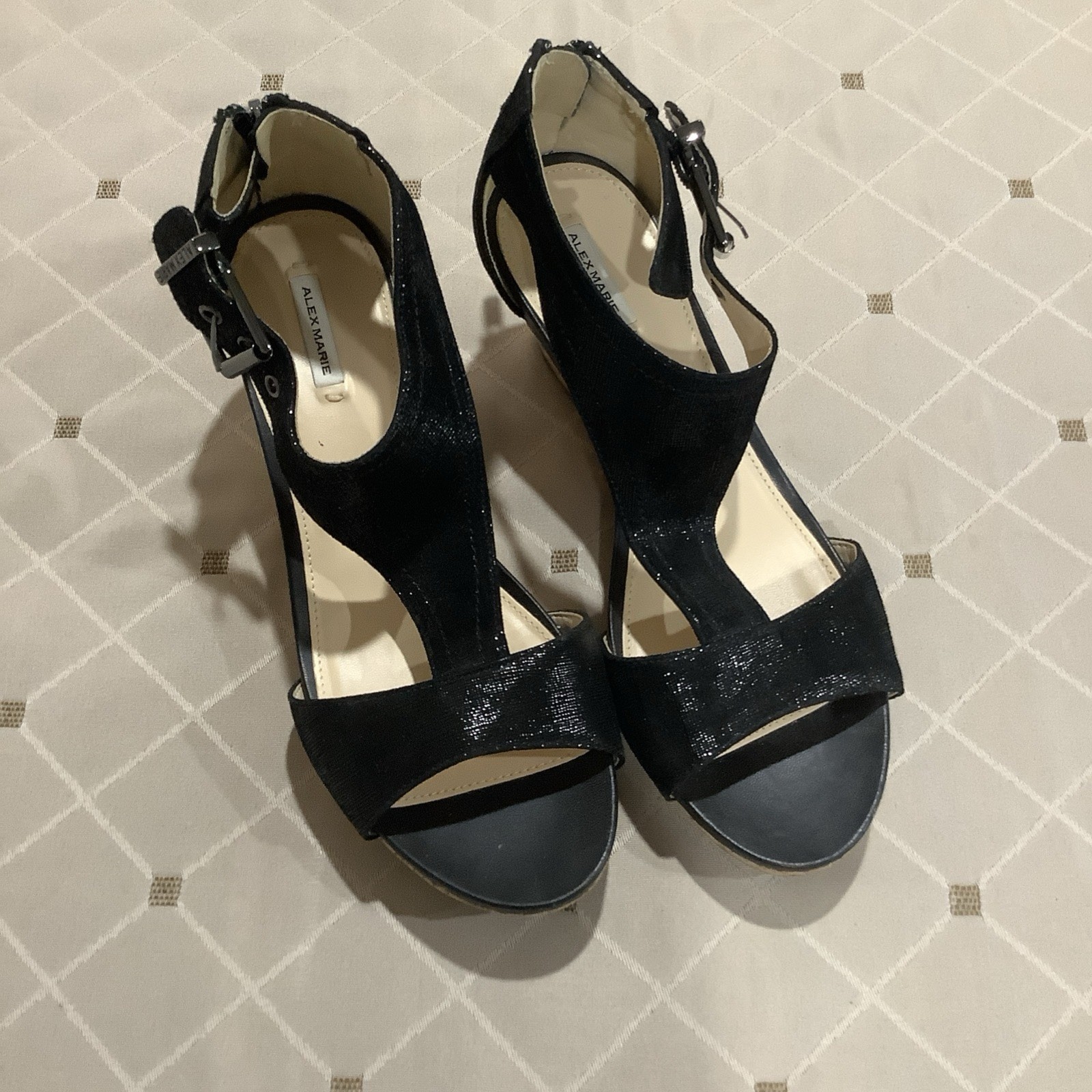 Alex Marie Women’s Black Leather Cork Wedge Sandals Party/Wedding Cocktail 8M