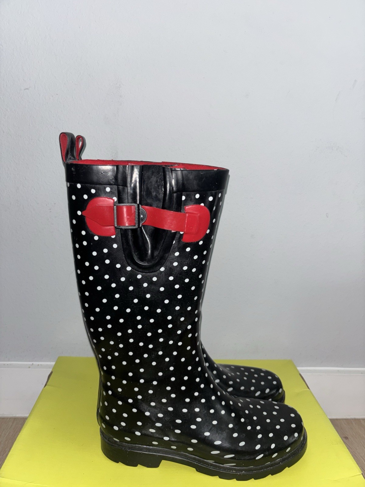 Women’s Rubber Rain Boots Black/White Polka Dot Red Buckle Knee High Size 7