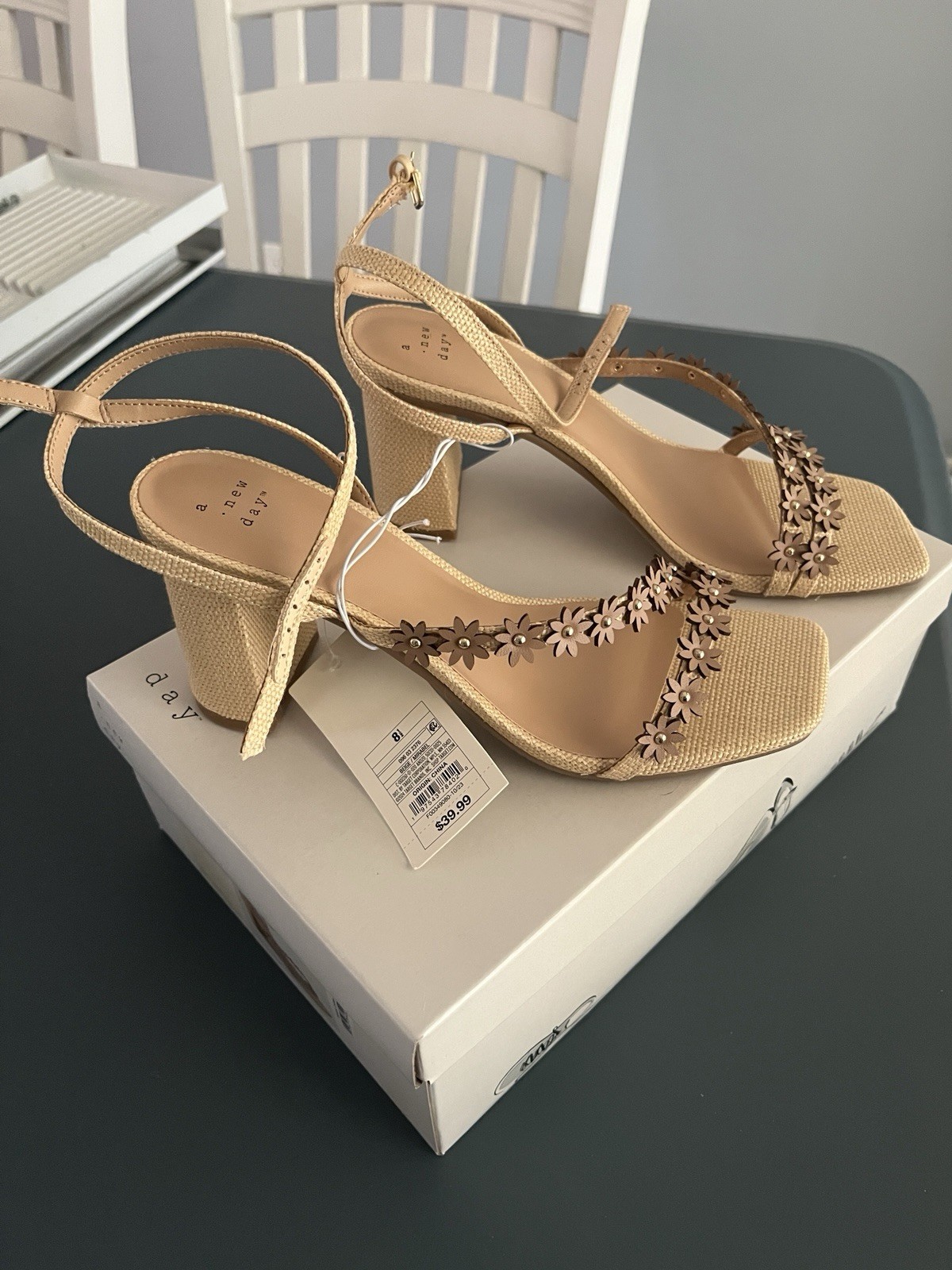 NEW A new day Mirabel heels sandals nude beige floral strappy 8.5 Ankle Straps