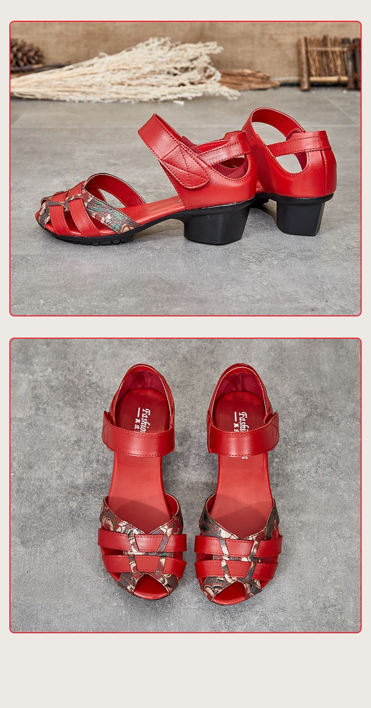 Women Closed Toe Ankle Strap Low Block Heel Red Floral Leather Sandals Shoes