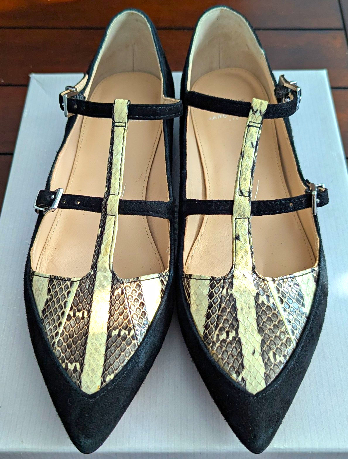 Marc Fisher LTD Women’s Mary Jane Flats Suede Snake Skin Pointed Toe Black 7M
