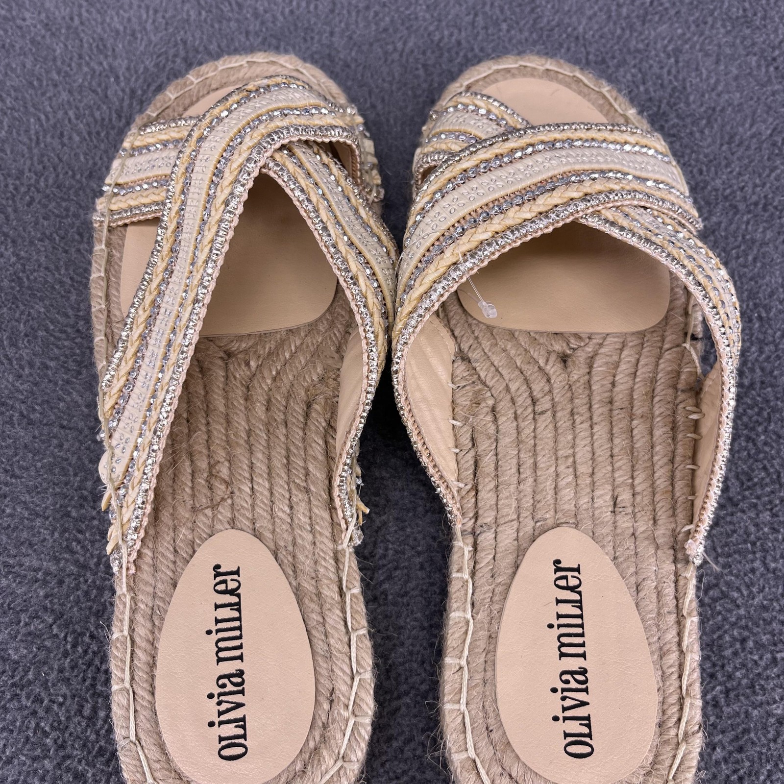 Olivia Miller Shoes Womens Size 9 Beige Espadrille Slip On Slides Sandals Beaded