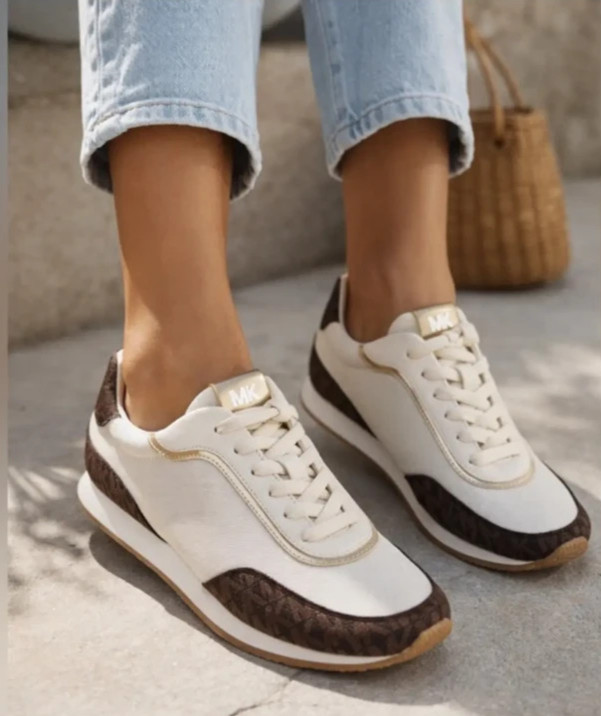 Michael Kors White Brown Gold Athletic Low Top Sneakers Women’s Size 11 LS25F