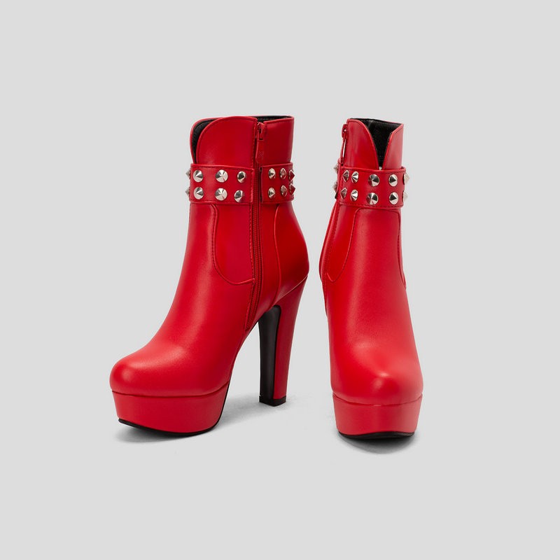 Womens Club Ankle Boots Block High Heels Platform Round Toe Zipper Rivets Shoes