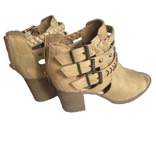 Sugar Beige Braided Buckle Studded Open Toe Zip Ankle Bootie Women’s Boots