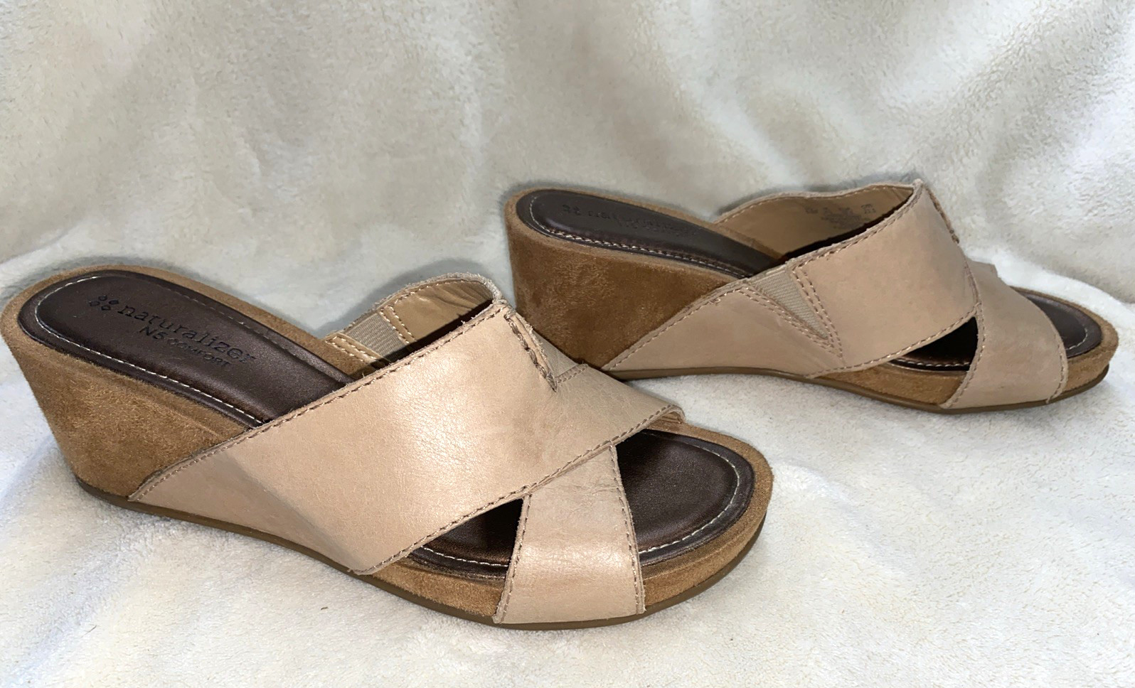 Naturalizer Tan Leather Sandal N5Comfort Slide Wedge Pengo Lined Sz 6.5M #yeb