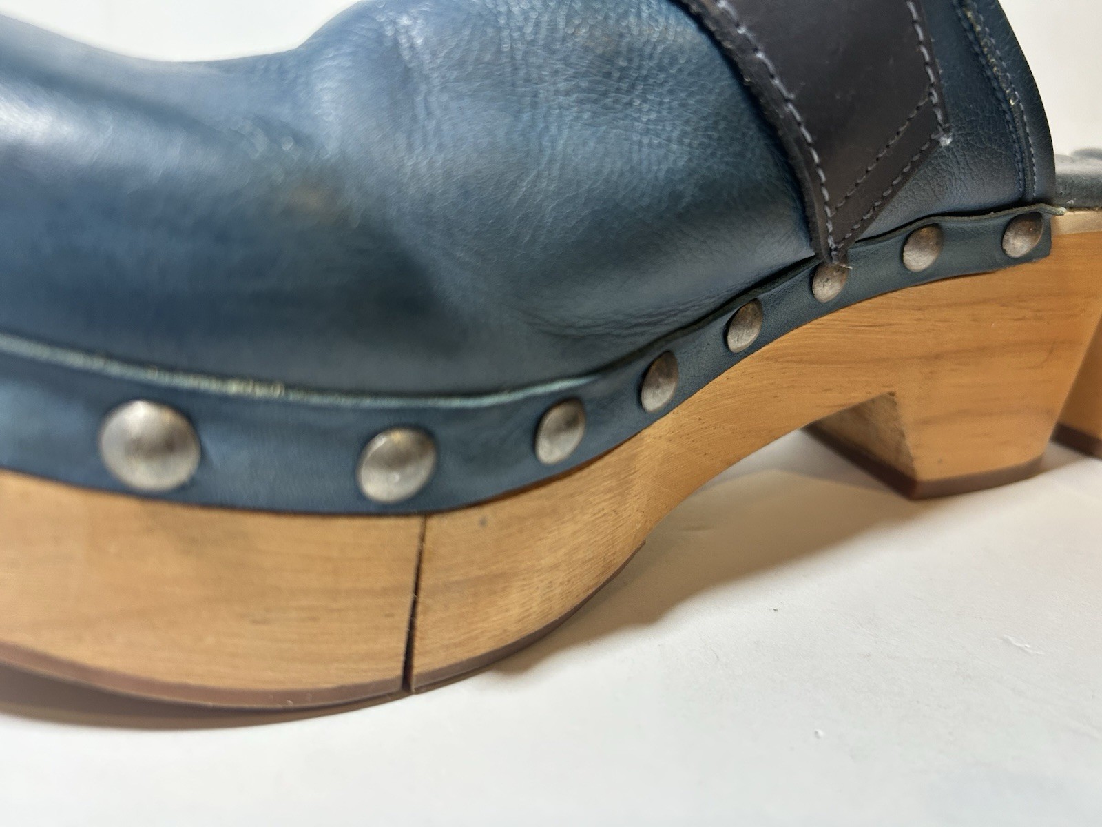 Free People Culver City Clogs Teal Blue Leather Wood Platform Buckle Studded 9