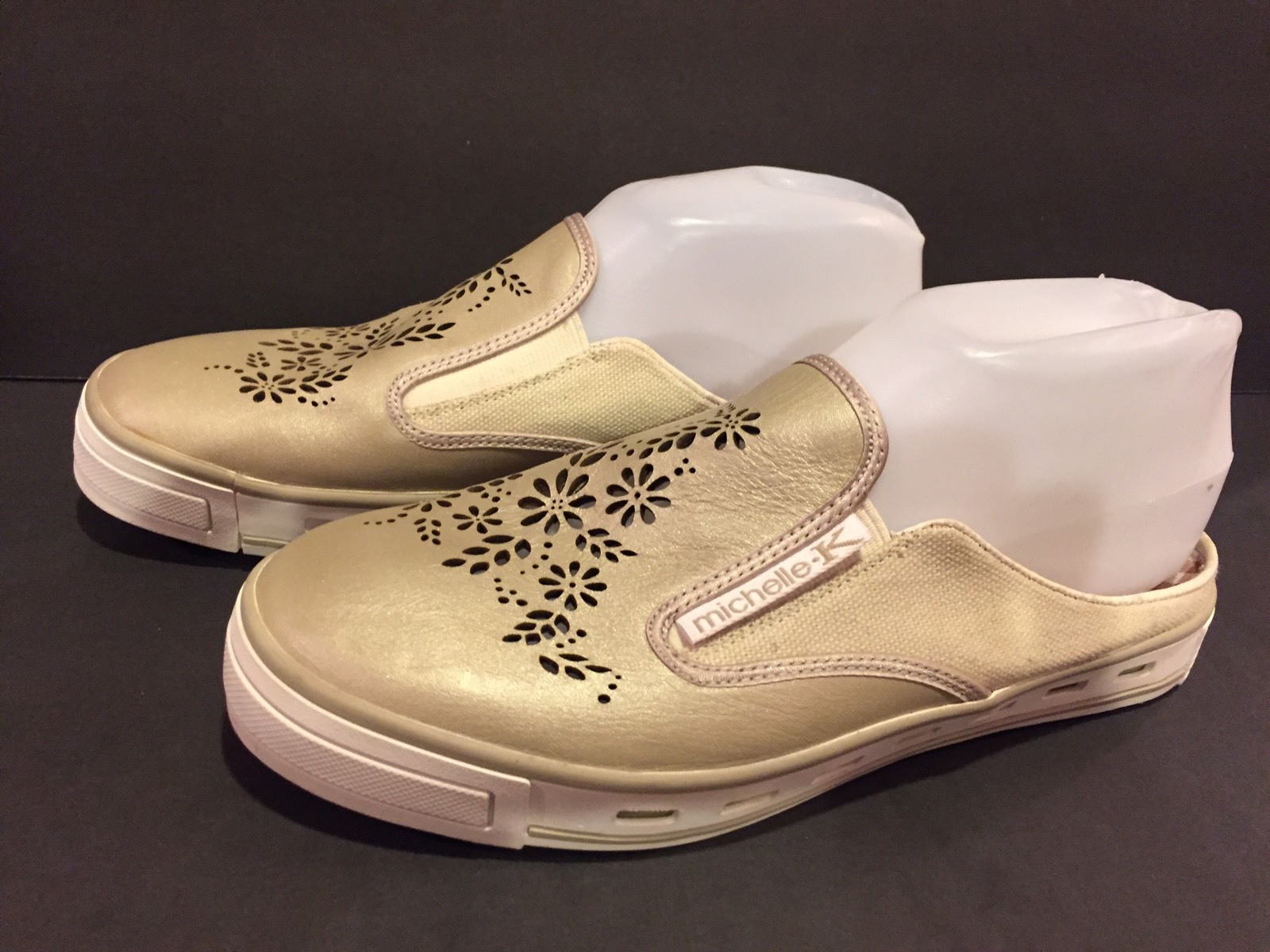 Michelle K Sneakers Slippers Flats Leather Canvas Slides Light Grey Pearl 6.5