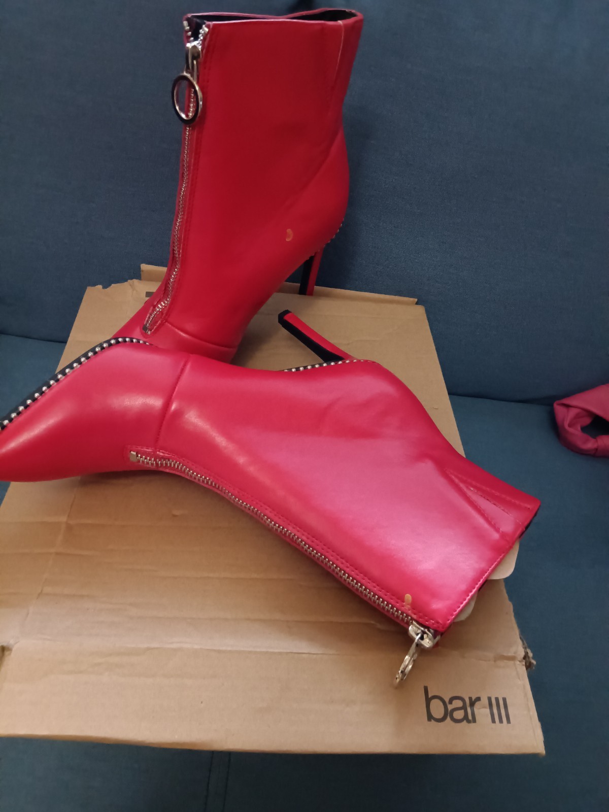 Macy’s Bar III Red Studded Zipper Pointed Toe Ankle Bootie Faux Leather 7M