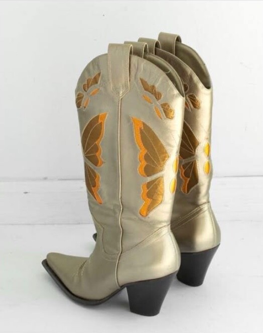 90s Metallic Leather Butterfly Cowboy Boots / Size 6.5