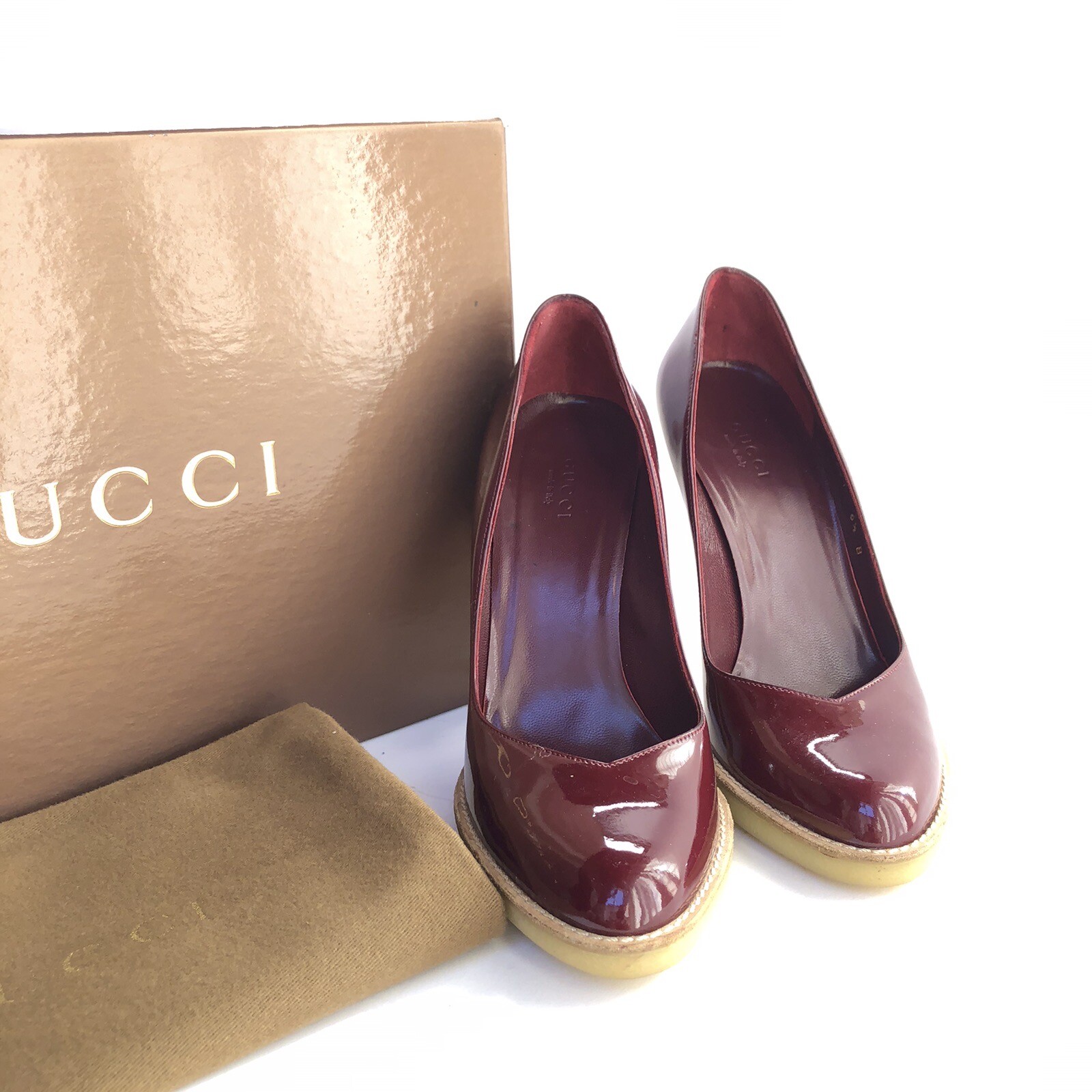 Gucci Burgundy Patent Leather Rubber Trim Platform Semi-Pointed Toes Pumps