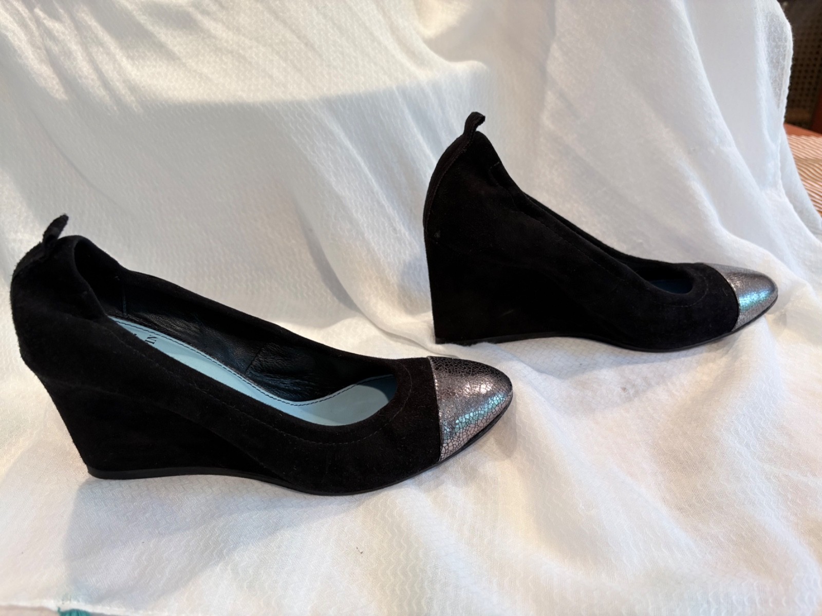 LANVIN Paris Suede & Metallic Cap-Toe Wedge Pumps | Size 38 | Black & Gunmetal S