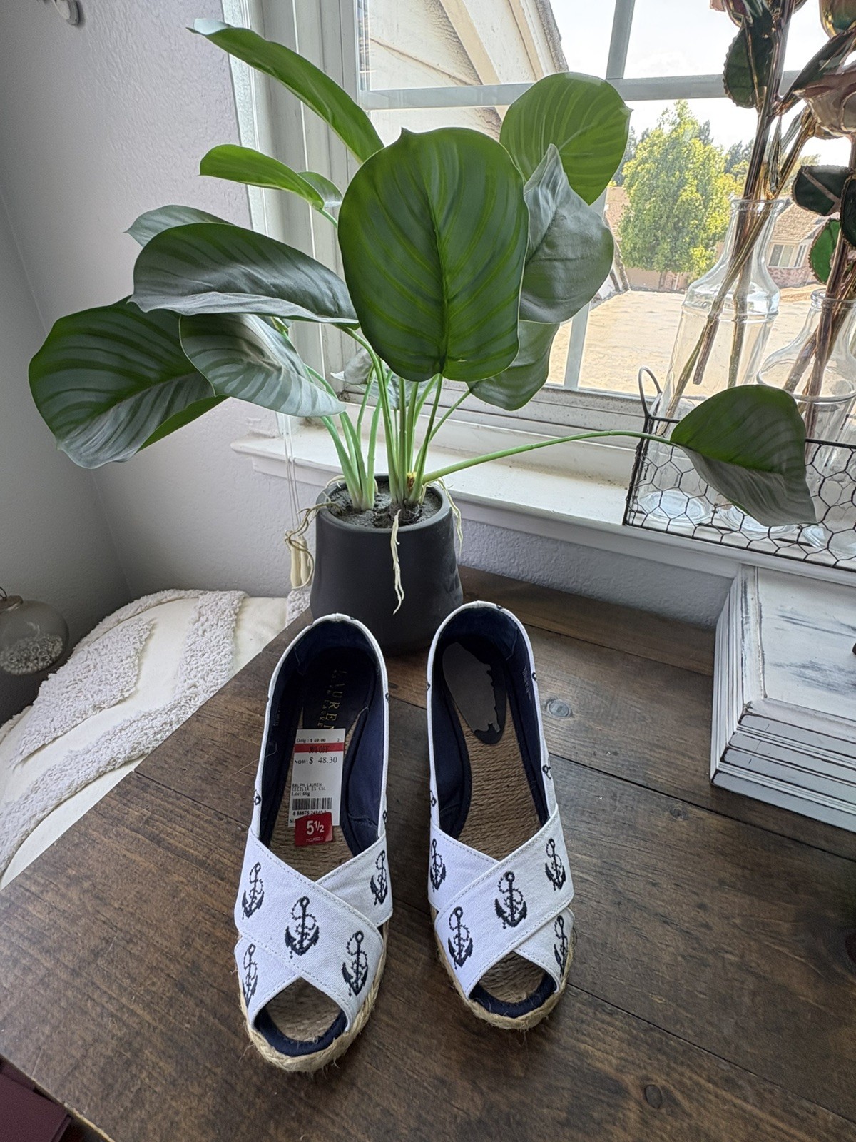Lauren Ralph Lauren Cecilia Espadrille Wedge 5.5 White Blue Anchor Nautical