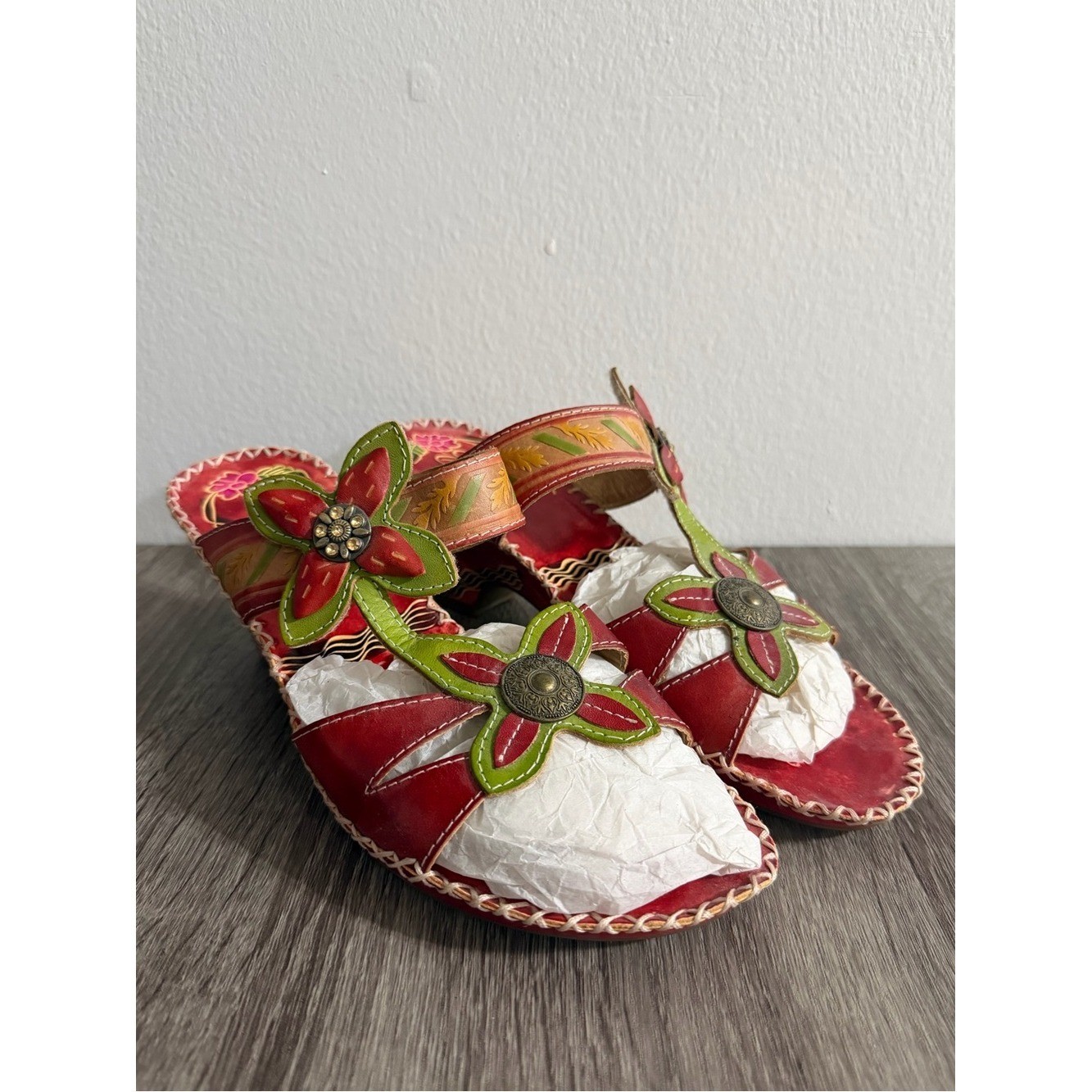 Elite By Corkys Poppy Sandals Heel Multicolor Floral Hand Art Design Women Sz 11