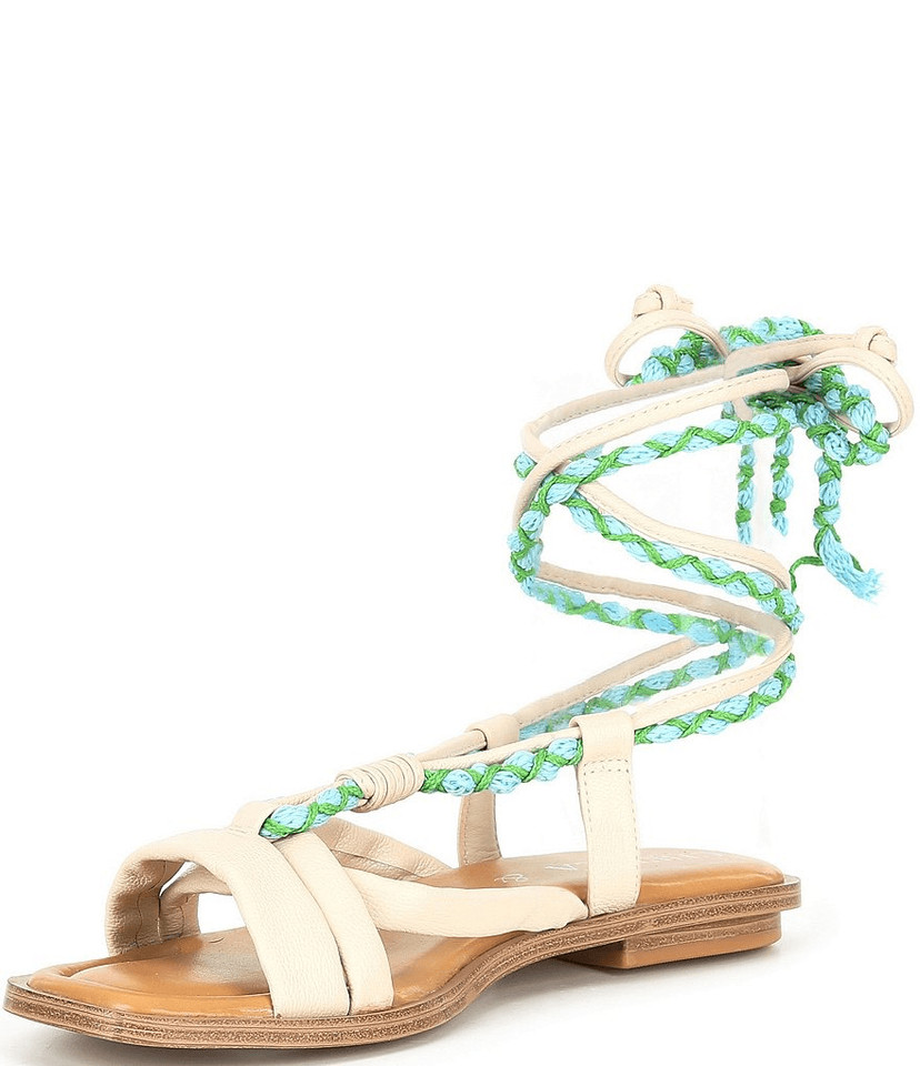 New Chelsea & Violet Dahlia Sandals Leather Flatl Strappy Ankle Ivory/ Blue 7.5