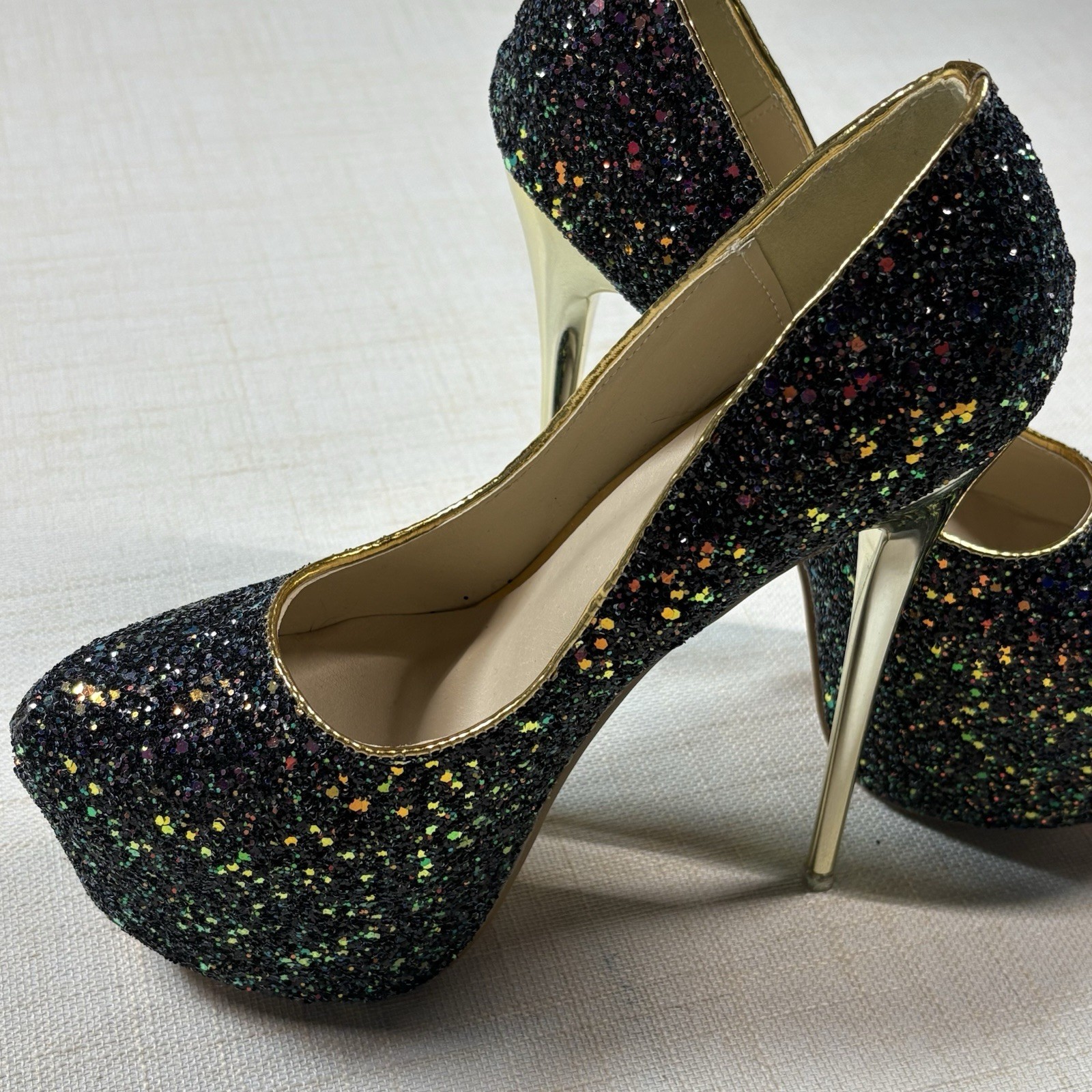 Black Glitter Platform Stiletto Heels Size 40 Gold High Heel Party Pumps